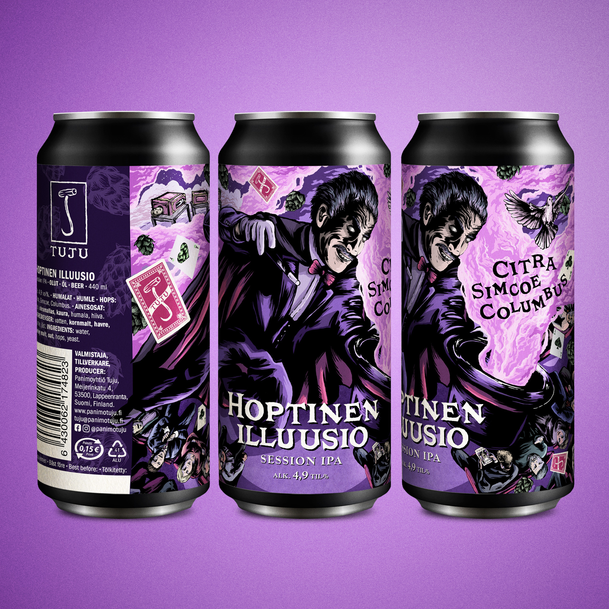 Hoptinen Illuusio | Session IPA | Citra, Simcoe, Columbus
Uusimpaan esitykseen nyt liput myynnissä! Jokaikinen hörppy on maaginen näytös itsessään!
Tuttu Hoptinen Illuusio on kevyesti puraiseva ja hedelmäisesti hellivä, helpon juotavuuden India Pale Ale, joka kuitenkin täräyttää kanit hatusta heti kättelyssä! Taikurin show on taas vaihtunut, ja kaikki kortit ammutaan hihasta kerralla. Yleisö pidättelee hengitystä taikasanojen “Citra, Simcoe, Columbus” kajahtaessa!
Avustaja sahataan kahtia terävällä sitruksisuudella, jota tasoittelee hatusta hyppivä raikas hedelmäisyys. Lavalla levitoi pieni mausteisuus, ja viimeistelevä tropiikki ja mäntyisyys pistävät viimeistään aivot solmuun.
Uusin erä, uusin humalin vapautetaan ympäri Suomen tällä viikolla! 🍻✨