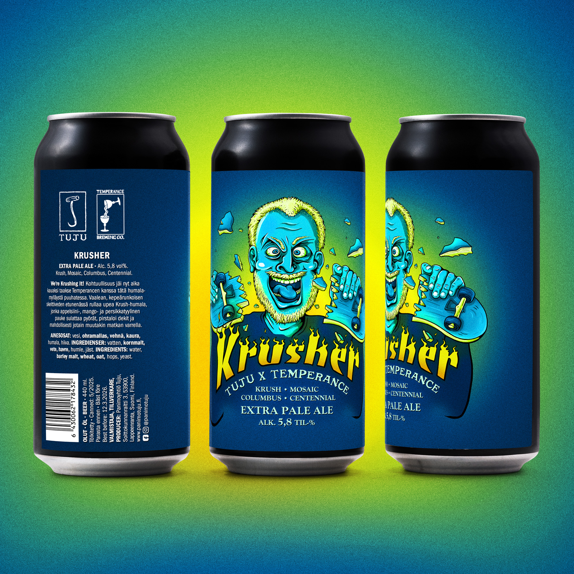 🛹Tuju x @temperancebrewing | Krusher 5,8% | Extra pale ale | Krush, Mosaic, Columbus, Centennial🛹
We’re Krushing it - meidän ensimmäinen XPA!
Pidettiin vähän hauskaa hyvässä nosteessa olevan hämeenlinnalaispanimon kanssa ja kohtuullisuus jäi nyt aika kauaksi taakse tätä humalamylläystä puuhatessa. Vaalean, kepeärunkoisen skeittiveden etunenässä rullaa upea Krush-humala, jonka appelsiini-, mango- ja persikkatyylinen pauke sulattaa pyörät, pirstaloi dekit ja mahdollisesti jotain muutakin matkan varrella.
Krusheria saatavilla kaupoista ja ravintoloista kautta maan sekä Tujun verkkonoutokaupasta osoitteeesta https://www.panimotuju.fi/tuote/krusher-58/