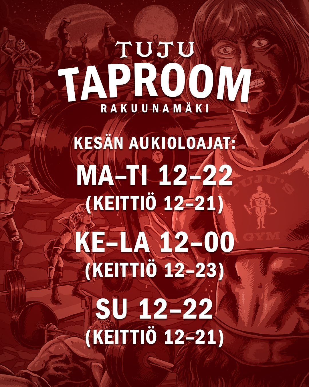🌞KESÄ KESÄ KESÄ KESÄ!🌞
🧢SEN MYÖTÄ TUJU TAPROOMIN KESÄAUKIOLOAJAT 🧢
Maanantai 2.6. lähtien pizzaa ja bissee laajennetusti!
🏖️🏖️🏖️🏖️🏖️🏖️
🏖️MA-TI 12-22🏖️
🏖️KE-LA 12-00🏖️
🏖️SU 12-22 🏖️
🏖️🏖️🏖️🏖️🏖️️🏖️