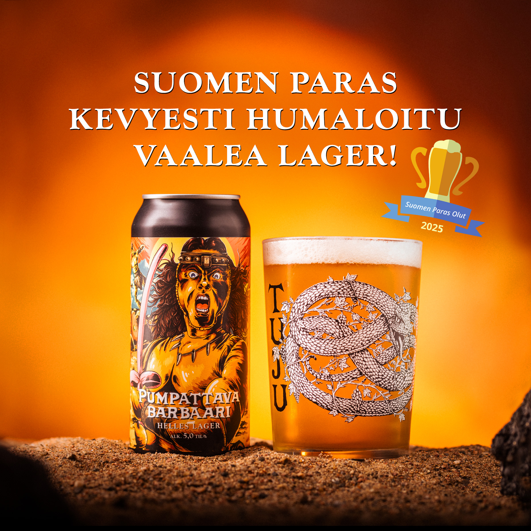🥇 SUOMEN PARAS LAGER TULEE TUJULTA🥇
Pumpattava Barbaari 5,0% leijaili sarjansa korkeimmalle pallille!
Mirhamia, kultaa ja suitsukkeita tänne heti ja kottikärrykaupalla!
Saatettakoot yleiseen tietoon, että Lappeenrannasta tulee Suomen paras vaalea lager, jos on uskominen Suomen Paras Olut 2025 -kilpailua. Ja mehän uskotaan!
Kilpailun finaali käytiin Helsingissä 12. kesäkuuta ja mukana oli 49 suomalaista panimoa, jotka osallistuivat yhteensä 428 erilaisella oluella.
Vaikka Pumpattava Barbaari ei ole suinkaan ensikertalainen palkintopalleilla, kyllä voitto maistuu aina hyvältä! Mikä mainio aika elää ja omistaa suu!