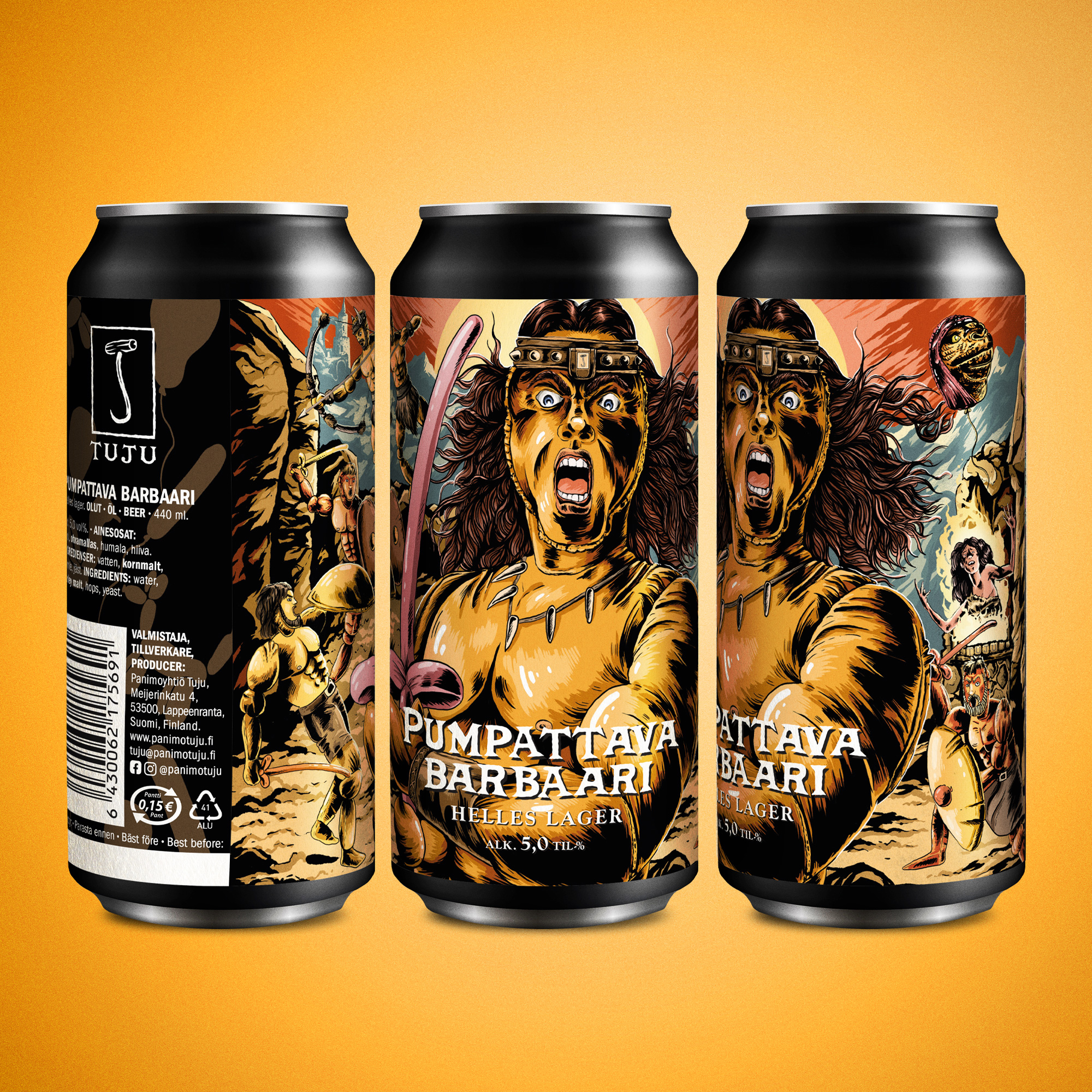 🥇 SUOMEN PARAS LAGER 2025 TULEE TUJULTA🥇
Pumpattava Barbaari 5,0% | Helles lager
Mikä on Tujun palkituin sekä myydyin olut? No Pumpattava Barbaarihan se on. Mitä sitä kiertelemään?
Meiltä tulee jo toistamiseen samalle voitokkaalle kisapallille noussut helles lager. Arskan klassikkoleffasta insipaarionsa saanut Pumpattava Barbaari on kirkas ja kullankeltainen kaunokainen, jonka makumaailma leijuu kitusissa heliumpallon lailla.
Tällaisten oluiden kanssa olemme erityisen varovaisia terävien kulmien suhteen, sen vuoksi hellesimme on tyylinsä mukaisesti helposti juotava ja raikas sekä humaloitu saksalaisin jalohumalin.
Saatavissa kaupoista ja ravintoloista kautta maan sekä aina tuoreimmiltaan Tuju Taproomista!