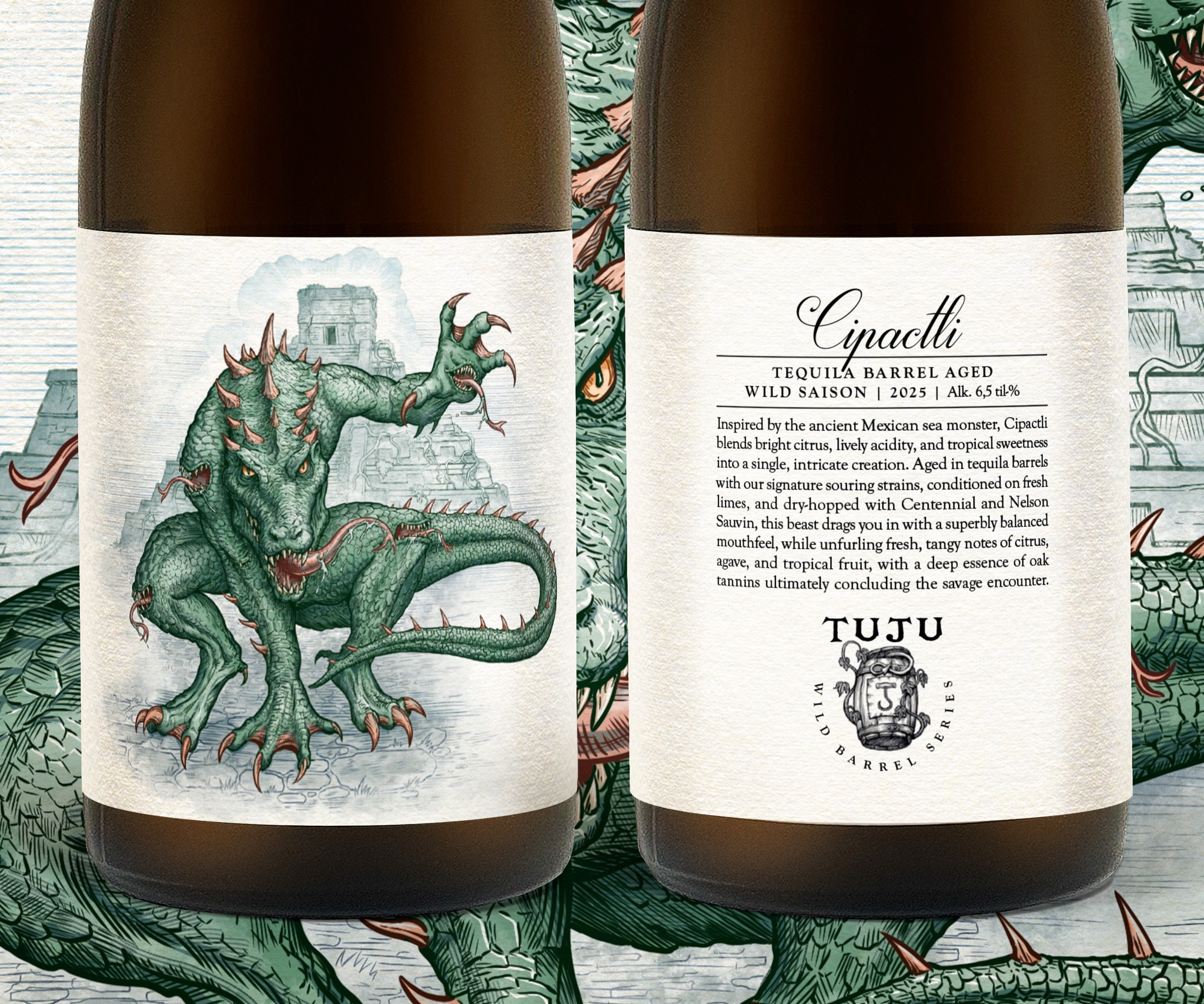 *** NEW WILD BARREL SERIES RELEASE ***
Cipactli 6.5% | Tequila Barrel Aged Wild Saison
This might be the wildest of our wilds! Welcome again to the mysterious world of our Wild Barrel Series, where ancient myth meets modern craft.
Cipactli, named after the ravenous sea beast of Aztec lore, is a wild saison aged 14 months in tequila barrels with our house Brett and lactic acid cultures. Further conditioned in the bottle, this beer reveals layers of agave, subtle fruit, citrusy brightness, and a touch of minerality.
Finished with lime and dry-hopped with Cryo Centennial and Nelson Sauvin, Cipactli is bursting with vibrant citrus, juicy acidity, and elegant tropical notes, all wrapped in a tannic, oak-kissed finish.
Bold yet balanced. Wild yet refined. Ready now, or cellar for a deeper dive into its ancient soul!
Available now in our pickup webstore and Tuju Taproom: https://www.panimotuju.fi/tuote/cipactli-65/