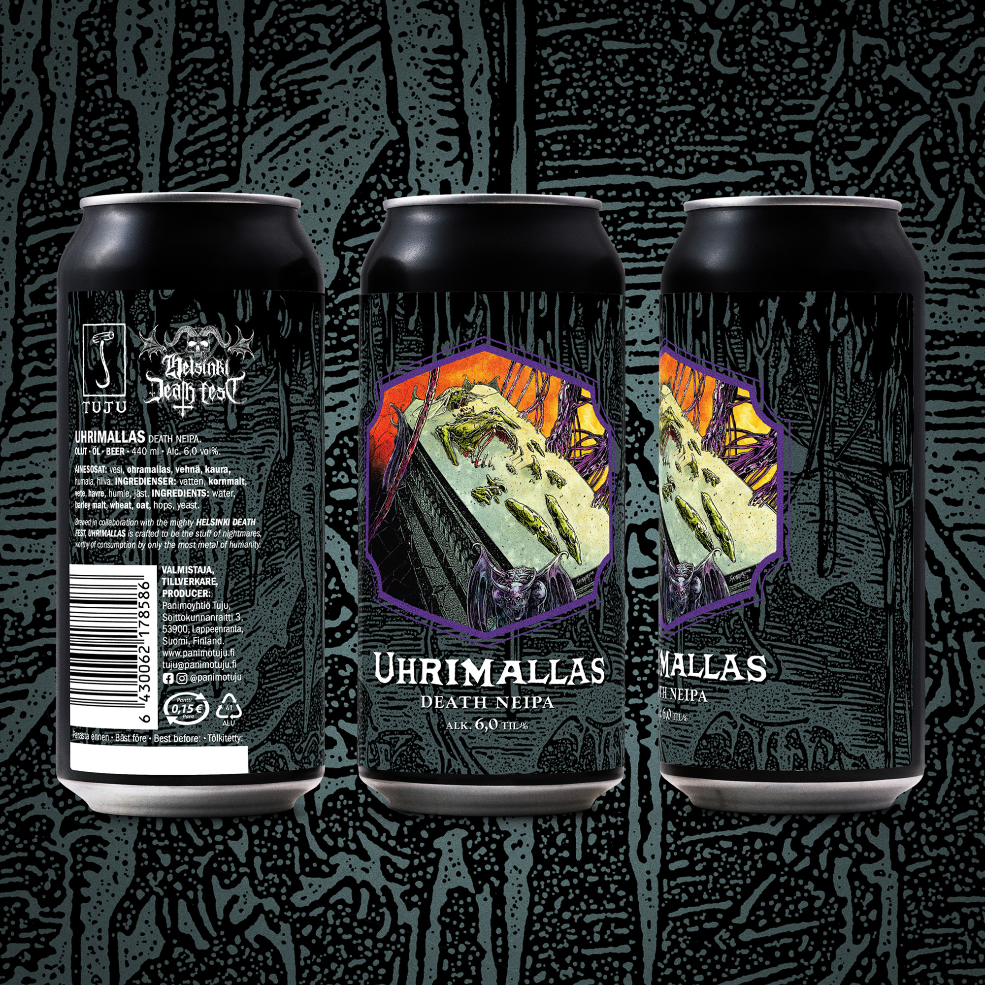 🇬🇧💀🔥 UHRIMALLAS IS BACK! 🔥💀
Once again, Tuju proudly emerges from the crypt as an official partner of @helsinkideathfest (22.-23.8.2025 Tiivistämö, Helsinki) – and this year, we’ve brought with us a reawakened abomination:
UHRIMALLAS 6.0% - DEATH NEIPA
Brewed in collaboration with the mighty HELSINKI DEATH FEST, Uhrimallas is the unholy nectar of nightmares - fermented in blasphemy and cursed with flavor. Worthy of consumption only by the most metal of humanity.
Not reeking of decay, but radiating a deceptive fragrance of fruit-laced doom. This vile brew assaults your senses with the rotten bliss of tropical fruit, scalpels your tongue with razor-sharp citrus, and slashes deep with sinister apricot. A faint pine bitterness tears through your taste buds like ravenous cannibals in a flesh orgy.
And speaking of orgies, Tuju will have a full-on beer counter at the festival, packed with a wide lineup of our most depraved creations. Come indulge in a glorious beer orgy that will violate your palate and leave you begging for more.
Drink now. Die later.
------
🇫🇮💀🔥 UHRIMALLAS IS BACK! 🔥💀
Tuju ryömii jälleen ylös haudastaan ja toimii ylpeästi virallisena Helsinki Death Festin yhteistyökumppanina ja tänä vuonna seuranamme on henkiinherätetty, mutta uusittu iljetys. (HDF pidetään 22.-23.8.2025 Tiivistämöllä, Helsingissä.)
UHRIMALLAS 6,0 % – DEATH NEIPA
Tehty yhteistyössä HELSINKI DEATH FESTIN kanssa, Uhrimallas on painajaisista keitetty epäpyhä ja rienaava nektari, joka on tarkoitettu paatuneimmille dödöfaneille.
Sanoinkuvaamatonta kärsimystä aiheuttava Uhrimallas haureuttaa juhlijan toisensa perään! Oluen sisälmykset pursuavat nieluusi, mätien suuhun trooppista hedelmää, kirurgisen terävää sitrusmaisuutta ja silpovaa aprikoosia. Pieni mäntymäinen katkeruus repii makuhermoja kuin kannibalistit lihaorgioissa konsanaan.
Ja niin, orgioista puheen ollen Tujulla on tapahtumassa oma täysiverinen tiski, täynnä meidän kieroutuneimpia luomuksiamme eli ryömi mukaan villeihin olutorgioihin, jotka häpäisevät makuaistisi ja saavat sinut anelemaan lisää.
Juoppa nyt. Kuole joskus myöhemmin.
