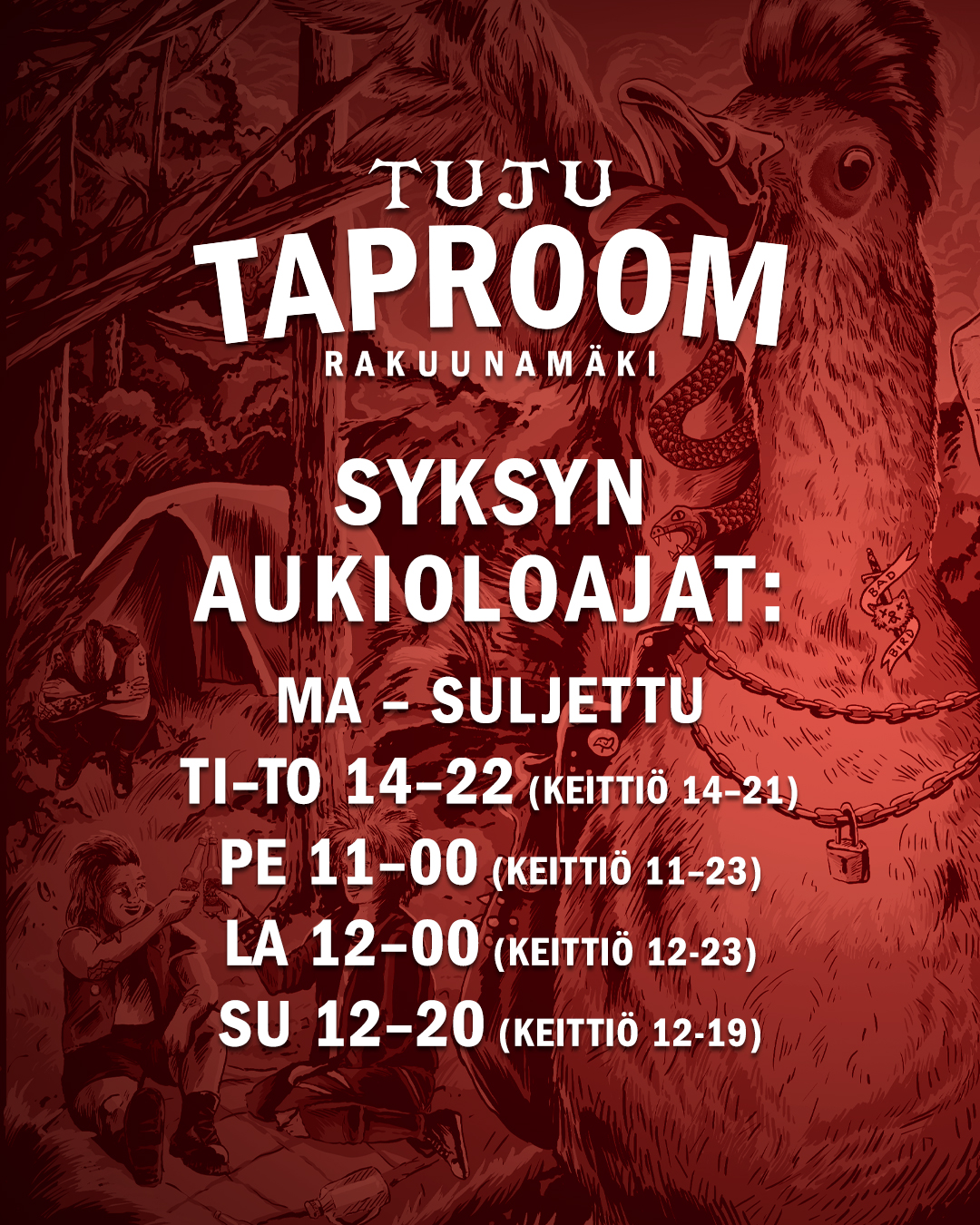 📣Tiedotus!📣
Tuju Taproom siirtyy jälleen 1.9.2025 kohti syksyn aukioloaikoja!
Eli vasta 1.9. lähtien!
😔MA SULJETTU
🍺TI - TO 14-22
🍺PE 11-00
🍺LA 12-0
🍺SU 12-20
Tiedotus päättyy!