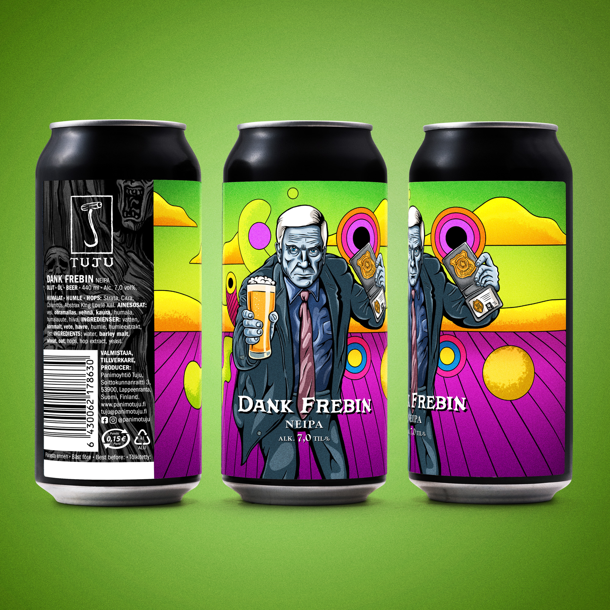 *** TÖLKKI- JA HANAJULKAISU!
Dank Frebin 7,0% | NEIPA | Strata, Citra, Columbus, Abstrax King Louie XIII
Dank Frebin 2/½, The smell of DÄNK!
Kaikkien rakastama komisaario on nyt uusittu, ja Dank Frebin 7,0% esittelee aika omalaatuista cocktailia! Viimeistään Abstrax King Louie XIII laukaisee kokeineimmankin konkarikytän vainut kuin Magnum .44 konsanaan.
Jazzitupakan luomaa makumaailmaa simuloivat dänkit sitrusmaiset, mäntymäiset ja räikeän yrttiset lehdykkäaromit sulautuvat suussa passionhedelmään, mangoon, marjaisuuteen ja greippisyyteen, saaden kaverikseen Columbuksen silmittömät, mutta kovinkin viipyilevät sitruksiset jälkipotkut. Aromia on niin reilusti, että voit silpoa sitä voiveitsellä leipäsi päälle.
Dank Frebinissä on kerroksia, joten kuin sokea orgioissa, on tämänkin mehuttelun kanssa edettävä vain tuntumalla. I love it!
Hoida homma sivistyneesti kuten aikuiset ja tule ostamaan omasi, senkin kakkahousu!
Saatavilla kaupoista ja ravintoloista sekä tietysti verkkonoutokaupastamme osoitteesta: https://www.panimotuju.fi/tuote/dank-frebin-70/