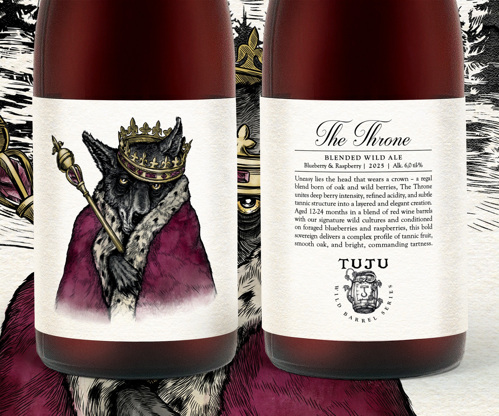 A new regal blend born of oak and wild berries

🐺Wild Barrel Series: The Throne 6.0% | 2025 | Blended wild ale🐺

Welcome to Tuju’s wild and mysterious Wild Barrel Series.  Presiding over the pack is our noble monarch, steadfast and commanding.

The Throne is a complex and boldly berry-forward wild ale, a blend of barrel-aged sours of varying ages. The beers have aged 12–24 months in a blend of red wine barrels alongside our signature wild cultures. Extended aging and careful blending bring depth, subtle oak nuances, and elegant tannins.

Heavy is the head that wears the crown. We have given this sovereign plenty of time to rest and develop with local blueberries and raspberries. The result is a rich and complex beer with deep acidity, gentle tannins, bright forest notes, and bold berry flavors.

Please note that this beer has aging potential and will develop beautifully over several years when stored properly.

You can get your bottle from our webshop https://www.panimotuju.fi/kauppa/