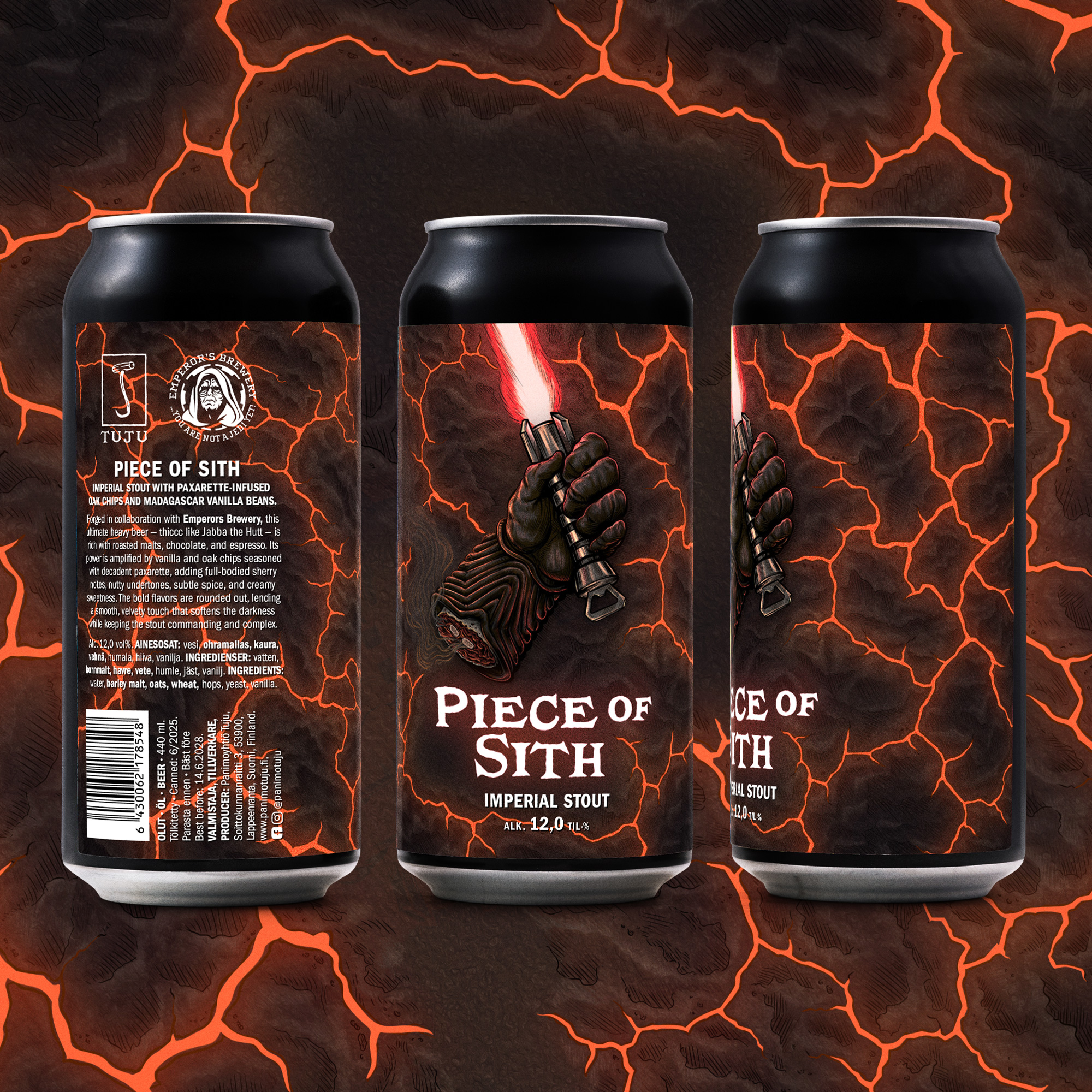 🪐🌑RAAJOJA IRROITTAVA GALAKTINEN UUTUUS! 🌑🪐

Piece of Sith 12,0% Imperial Stout. Collab with Emperor’s Brewery

Tujun ja Emperor’s Breweryn kanssa luotu tähtiä tuhoava imperial stout on pönäkkä kuin Jabba the Hutt ja täynnä paahdettua maltaisuutta, suklaata ja espressoa. Sen pimeää voimaa syventävät vanilja ja tammilastut, jotka on kyllästetty paxarettella, tuoden täyteläisiä sherryn sävyjä, pähkinäisiä vivahteita, hienovaraista mausteisuutta ja kermaista vaniljan makeutta. Samettinen kosketus tasapainottaa pimeyttä, mutta senaatin taustavoimat säilyvät hallitsevana ja monimuotoisena.

Voit olla sithfaced, mutta ole edes Peace of Sith! ⚡🍻

……

🪐🌑A LIMB-RIPPING GALACTIC RELEASE! 🌑🪐

Piece of Sith 12,0% Imperial Stout. Collab with @emperorsbrewery 

Forged in collaboration with Emperor’s Brewery, this ultimate heavy beer — thiccc like Jabba the Hutt is rich with roasted malts, chocolate, and espresso. Its power is amplified by oak chips seasoned with decadent paxarette, adding full-bodied sherry notes, nutty undertones, subtle spice, and creamy vanilla sweetness. The vanilla rounds out the bold flavors, lending a smooth, velvety touch that softens the darkness while keeping the stout commanding and complex.

You might be sithfaced, but at least be a Peace of Sith! ⚡🍻