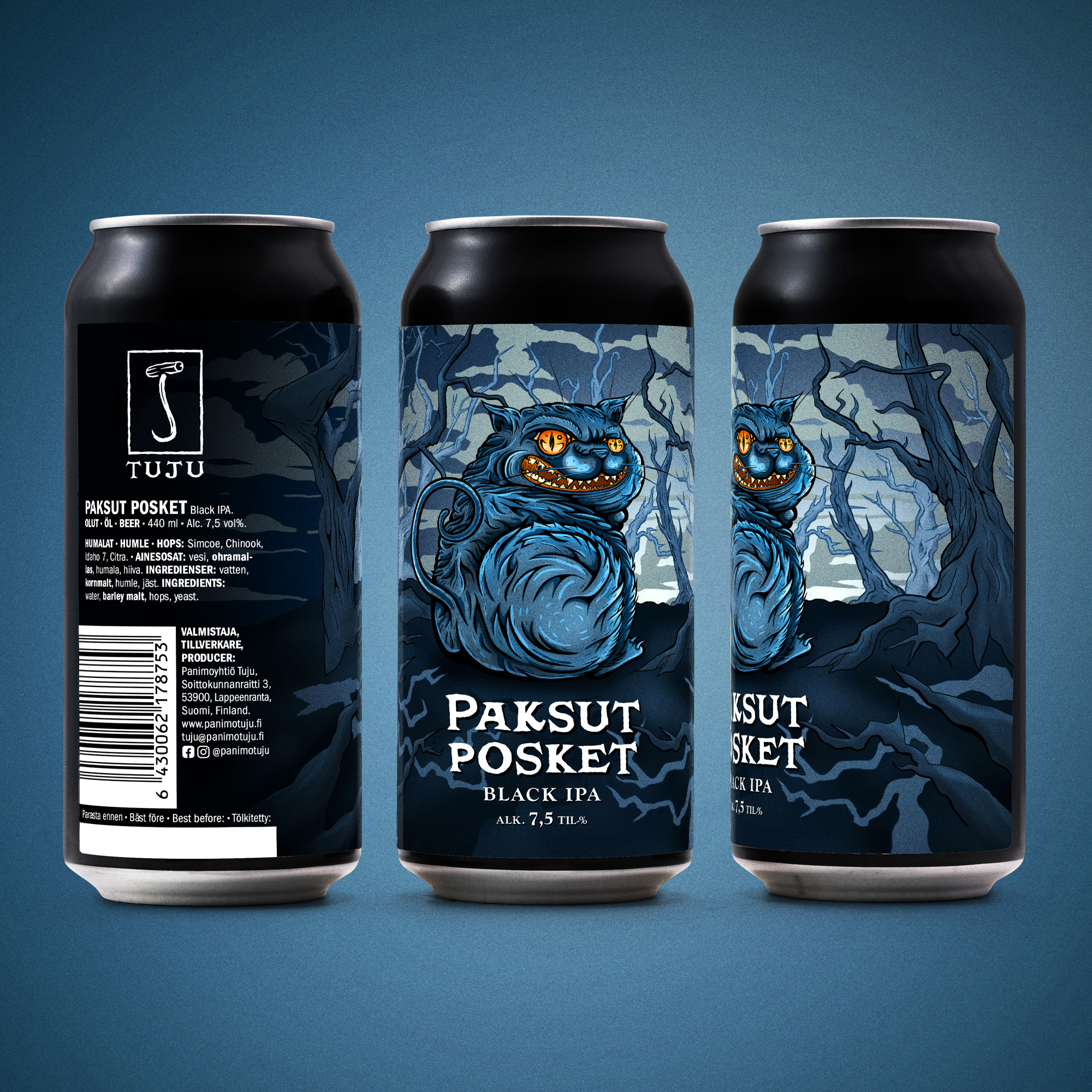 *** TÖLKKIUUTUUS! SAATAVILLA PIAN KAUPOISTA KAUTTA MAAN! ***

🐈‍⬛Paksut Posket 7,5% | Black IPA | Simcoe, Chinook, Idaho 7, Citra 🐈‍⬛

Joskus tulee vastaan oluttyylejä, joita saa etsiä kissojen ja koirien kanssa, mutta tässähän se on; ihan oikea black IPA, mutta tässä mirri ei olekaan mikään mehukatti, vaan se omistaa hampaat, jotka tuottavat terävän puraisun! 

Tämä naukumaija on hieman ronskimpi katti, joka luo viiksenpäitä myöten paahteista mallasta ja puraisevaa katkeruutta. Kehräys starttaa viimeistään, kun lasiin livahtaa tummaa hedelmää, sitrusta ja marjaisuutta ja häntäpäässä pihkaisuutta. Prosentteihinsa nähden tässä on mitä mainion juotavuus sujahtaen kitusiin ennen kuin ehtii kissaa sanoa!

Täytä omat varastosi tai koppaa Joulupukin koppaan osoitteesta https://www.panimotuju.fi/kauppa/
