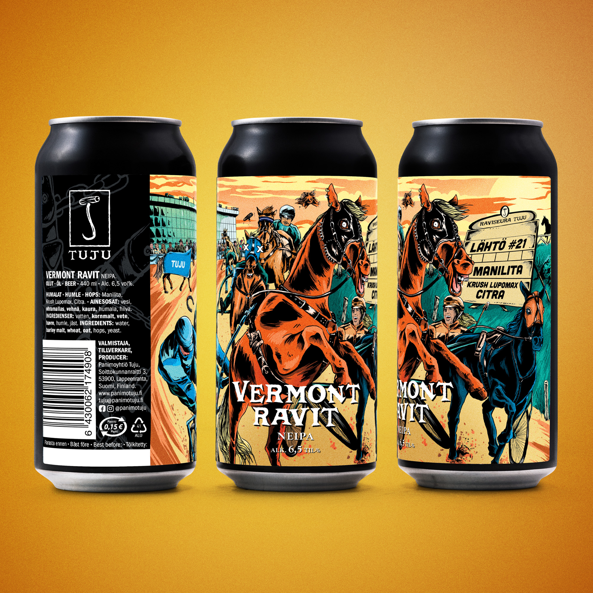 🐎Vermont Ravit #21 6,5% | NEIPA | Manilita, Krush Lupomax, Citra🐎

Nyt jo lähtö numero 21 !! Vermont Ravit on kaikkine yllätyskäänteineen varmasti Tujun lippulaiva-NEIPA!

Lähtölinjalla kuplii lempeän trooppinen jännite! Ohjaksissa Manilita, Krush Lupomax ja Citra!

Aivan ihaha kolmikko on tämän hetken seuratuin trio. Tässä kisassa Manilita ottaa kärjen, jättäen jälkeensä kypsää mangoisuutta, anasta ja passionhedelmää. Suoraviivainen Krush Lupomax ei kuitenkaan suostu jäämään peesaajan asemaan, vaan hirnuaa rinnalle mehevän appelsiinisuuden, marjaisuuden ja floraalisen hännäntupsutuksen kera.

Vanha kunnon Citra näyttää nuoremmille miten spurtataan ronskin sitruksisuuden voimin. Maaliviivalla kaikki ovat voittajia, sillä trooppisen mehuinen, samettinen ja hedelmäinen NEIPA kääntää suitset kohti aurinkoa ja uppoaa turpaan moukun lailla.

Tilaa omasi verkkonoutokaupastamme osoitteesta https://www.panimotuju.fi/tuote/vermont-ravit-21-65/