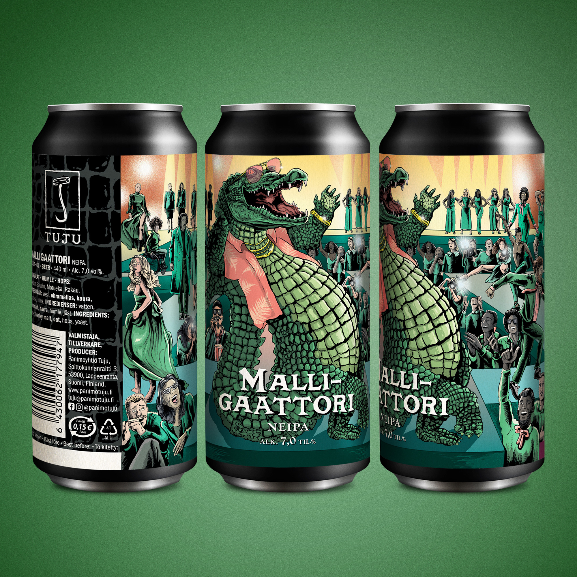 Kerrohan, onko tässä meidän säikehtivin ja liikkeiltään varmin NEIPAmme?🐊Malligaattori 7,0% | NEIPA | Nelson Sauvin, Motueka, Rakau🐊Melkein jouduttiin soittamaan Hydraulic Press Channelille, sillä tuotantotiimillä oli tällä viikolla tehtävä; ahtaa tölkkiin jotain kookasta ja notkeaa. Upea NEIPAMME kampeaa Fashion weekin lavalle nelinkontin ja Tujun muotitalon portfoliosta löytyy alan trendikkäin ja kuumin kolmikko; Nelson Sauvin, Motueka ja Rakau!Salamavalojen säihkyvässä hohteessa korostuu hedelmäinen viehätys, marjaisuuden syvyys ja valkoviinimäisen raikkaat, rypälemäiset vivahteet. Catwalkin kakkoslähdöstä löytyy henkeäsalpaavaa ja kutkuttavaa tropiikkia sekä B-luokan tähtösten unelmien kaltaisesti murskattua limeä. Suomuisesta häntäpäästä tavoitetaan vielä aprikoosia, luumuisuutta, mangoa ja mehukasta persikkaa.Upea ja säikehtivä Malligaattori saatavilla siis kautta maan!