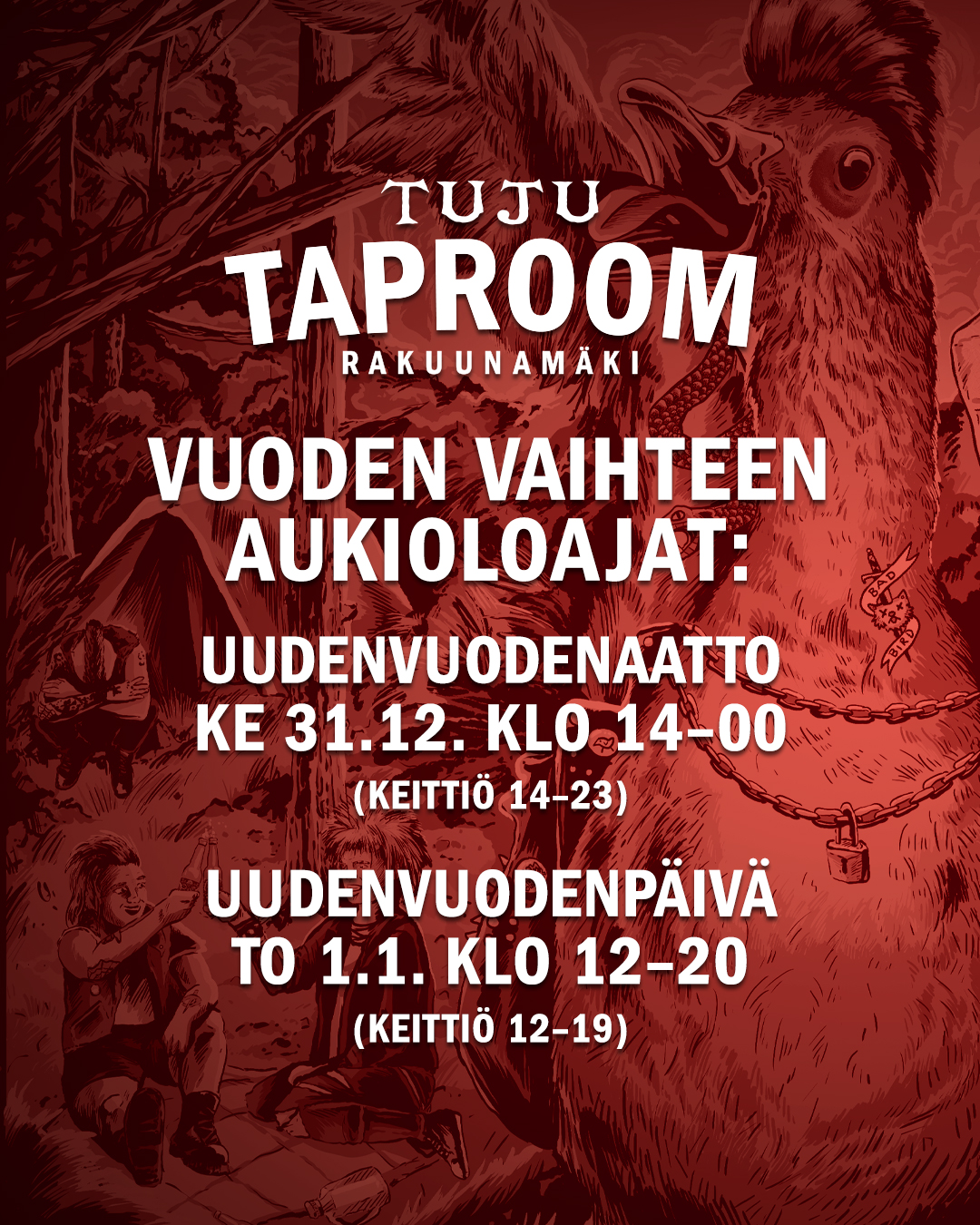🍾UUSI VUOSI TULEE - OLETKO SINÄ VALMIS🎉🎊 Nimittäin valmistautuminen kannattaa aloittaa venyttelemällä hyvin!Meidän Taproomimme palvelee juhlakansaa näin;🎉🎉🎉🎉🎉🎉🎉🎉🎉🎉KE 31.12. klo 14 - 00 🎉🎉TO 1.1.2026 klo 12-20🎉🎉🎉🎉🎉🎉🎉🎉🎉🎉