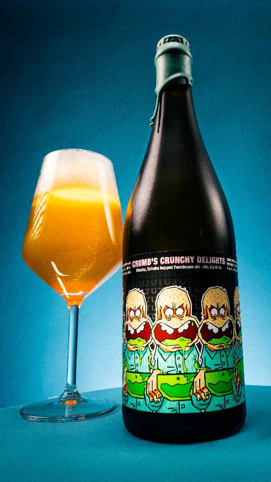 Crumb’s Crunchy Delights 6.6% | Dry-Hopped Farmhouse Ale | Riwaka, TaihekeWe’re definitely feeling giggly! For the label, we teamed up with renowned illustrator and animator @joonasjoonas, and with his help we may have created the world’s first animated beer label.--Sometimes you just crave a bowl of swirling galactic mouth-nectar to wash down an intergalactic hamburger. No need to be shy – the cup overflows with tropical New Zealand Riwaka and Taiheke hops, chainsawing their way through a bone-dry body.This farmhouse ale, inspired by the deranged mental landscapes of the cult classic Bad Taste (1987), puts its faith in yeast-driven complexity: layered esters, peppery bite and gloriously unhinged character. Riwaka delivers an aggressively passion-fruit-heavy, grapefruit-soaked punch, while Taiheke launches bursts of citrus, tropical fruit and spicy oddity. This farmhouse ale may leave your brain stranded on a rocky shoreline, but denying its drinkability would be pointless.A perfect collision of Belgian yeast aromatics, a dry, darkly humorous backbone and expertly executed dry hopping; a flavour combination that fulfils the universal needs of all lifeforms.In other words: it's a good taste!..#badtaste #farmhouseale #panimotuju