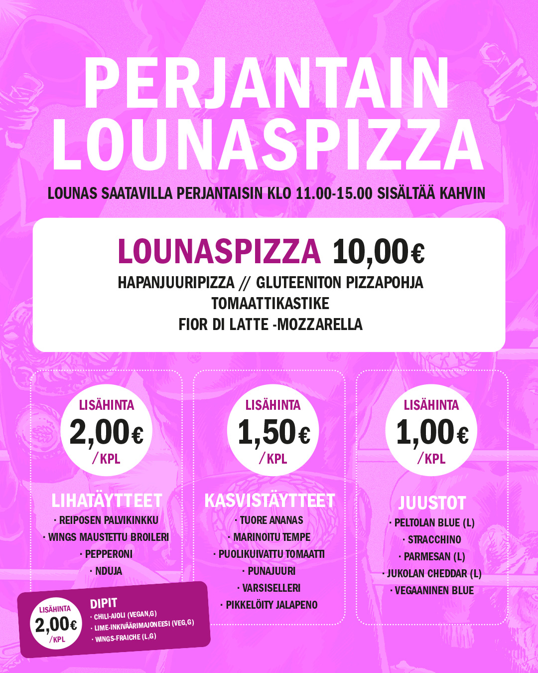 Perjantain lounaspizza muuttuu - me ollaan jo tulevaisuudessa! 🚀Pizzamenumme vaihtui ja niin vaihtui myös perjantaipizzan täytteet! Elä täyttä tammikuun fantasiaa ja tee pizzastasi juuri niin sexbätäng kuin haluat!Nähdään perjantaina lounaalla - kaikki kaverisi ovat jo täällä!Tuju Taproomissa pizzalounas klo 11:00 - 15:00