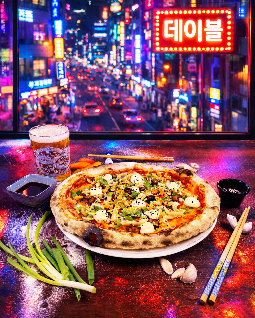 🇰🇷Pöytä Koreaksi🍕 (테이블)

Hups, nyt menivät kimchit melkein väärään kurkkuun! 😋 
Tämä pizza saa sinut rynnimään kuin Squid Game konsanaan, sillä jo pelkkä ulkonäkö on kuin K-pop-idolilla! Erittäin gwiyeowo!

 테이블 -pizzamme  sisältää Gochujang-tomaattikastiketta, marinoitua tempeä, kimchi-salaattia, lime–inkiväärimajoneesia, seesaminsiemeniä ja kevätsipulia, jotka saavat sinut kaivamaan woneja pöytään!

Jos tänne tuleminen tuntuu ylitsepääsemättömältä, eikä Rainbow Taxi vastaa, otappa kuule luuri käteen ja Woltita!