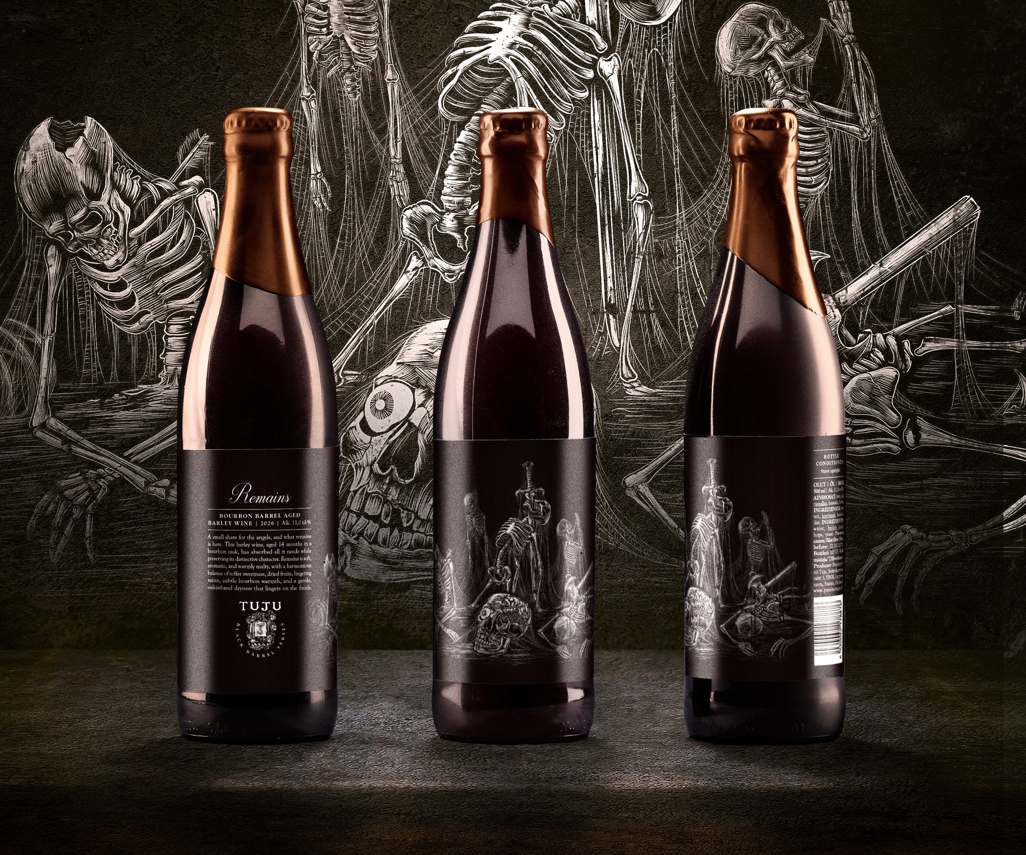 Behold our newest addition to the Black Barrel Series!

The Black Barrel Series stands alongside our Wild Barrel Series as a testament to our dedication to finely-aged craft beers. Before going into their hand-selected barrels, the base beers are carefully crafted with ingredients intended to support the desired natural aromatics of the final product. 

🗡️BLACK BARREL SERIES | REMAINS 11,0% | BOURBON BARREL AGED BARLEY WINE🗡️

A small share for the angels, and what remains is here. 

This barley wine, aged 14 months in a bourbon cask, has absorbed all it needs while preserving its natural, distinctive character. Remains is soft, aromatic, and warmly malty, with a harmonious balance of toffee sweetness, dried fruits, lingering raisin, subtle bourbon warmth, and a gentle, oak-infused dryness that lingers on the finish.

You can order this via our Click & Collect Webshop 
https://www.panimotuju.fi/tuote/remains-120/