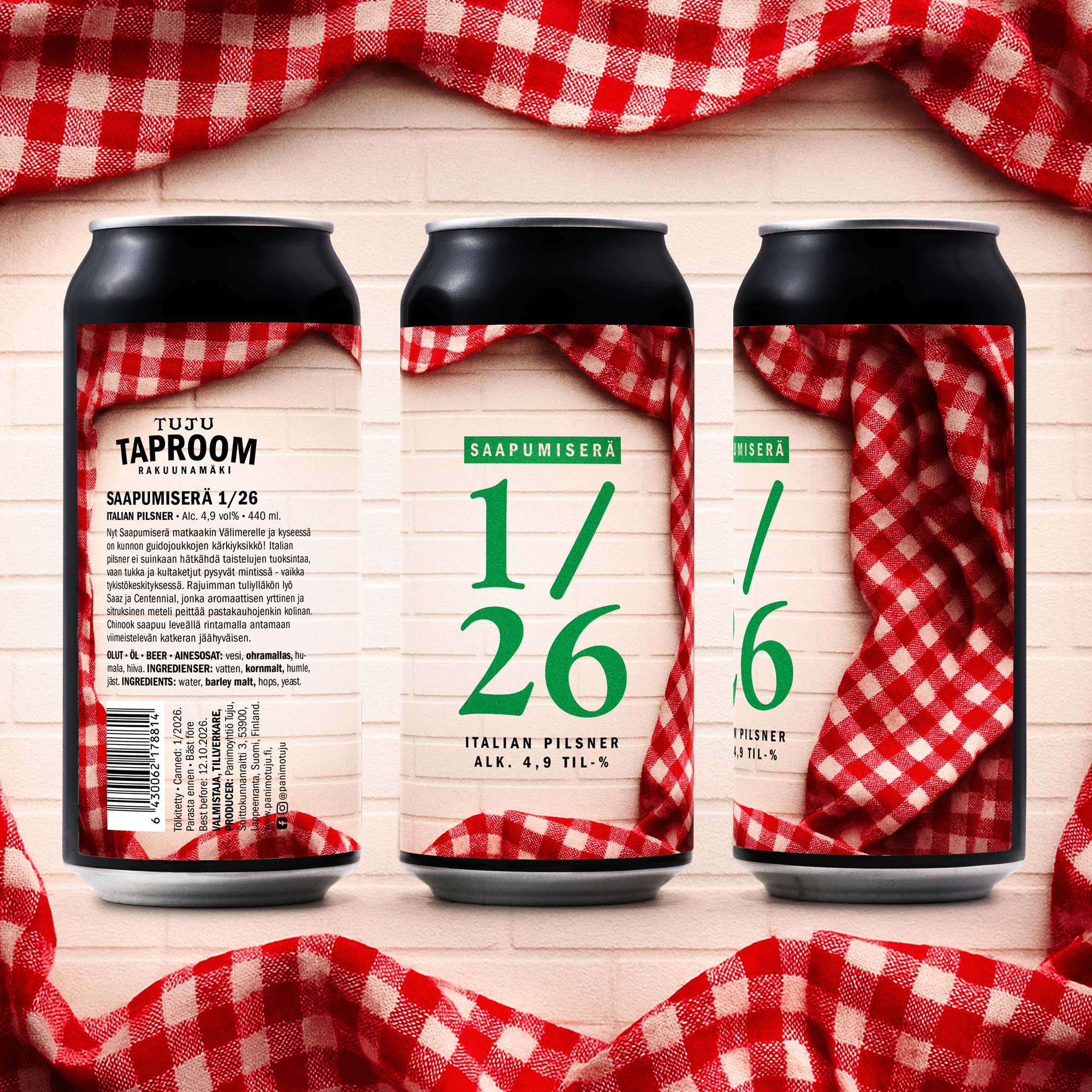 Saapumiserät ovat Tujun ja Tuju Taproomin omia prototyylisiä erilaisia ”talon oluita”. Vanhalla varuskunta-alueella sijaitseva Tujun panimon ja Tuju Taproomin ympäristö ei ole hetkeen kuullut kopisevia marssiaskeleita tai -lauluja, mutta Saapumiserät saavat varmasti tenorien äänijänteet notkeiksi.

🎖️Palvelukseen astuu Saapumiserä 1/26 4,9% | Italian Pilsner | Saaz, Centennial, Chinook🪖

Koko Saapumiserä matkaakin Välimerelle ja kyseessä on kunnon guidojoukkojen kärkiyksikkö! Nyt ei espressopannut sihise! Italian pilsner ei suinkaan hätkähdä taistelujen tuoksintaa, vaan tukka ja kultaketjut pysyvät mintissä - vaikka tykistökeskityksessä. 

Rajuimman tuliylläkön lyö Saaz ja Centennial, jonka aromaattisen yrttinen ja sitruksinen meteli peittää pastakauhojenkin kolinan. Chinook saapuu leveällä rintamalla antamaan viimeistelevän katkeran jäähyväisen.

Saatavilla Tuju Taproomista, Tujun verkkonoutokaupasta https://www.panimotuju.fi/tuote/saapumisera-1-26-49/
Pian myös @varusteleka  ja @juovahelsinki