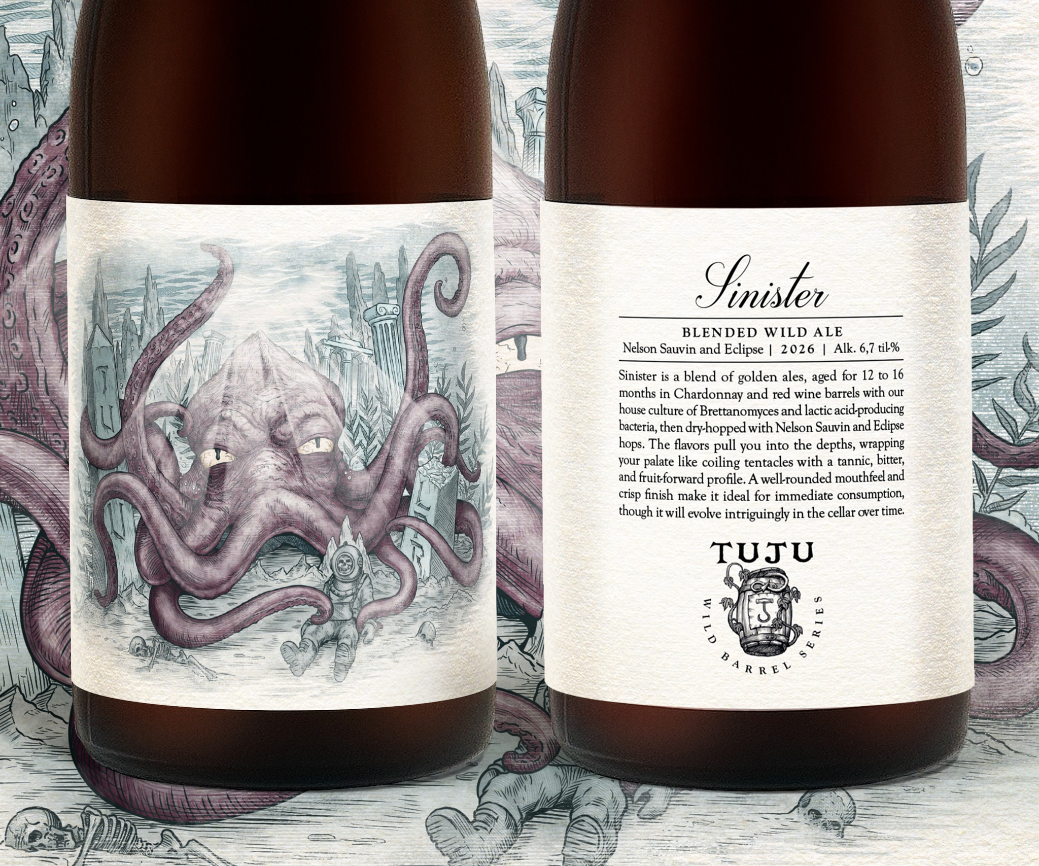 *** NEW WILD BARREL BOTTLE & KEG RELEASE! ***
Sinister | 2026 | 6,7% | Blended wild ale | Nelson Sauvin, Eclipse

Welcome aboard Tuju’s enigmatic Wild Barrel Series. This second voyage into the deep is a mystery worthy of the Bermuda Triangle.

Sinister 6.7% is a carefully composed blend of golden ales aged for 12–16 months in Chardonnay and red wine barrels, co-fermented with our house Brettanomyces strains and lactic acid–producing bacteria.

The result is a layered fusion of barrel-aged sour golden ales, finished with a dry hop of Nelson Sauvin and Eclipse. Its multidimensional profile draws you into the depths with tannic structure, firm bitterness, and vibrant fruit-driven notes. A balanced mouthfeel and a surprisingly fresh finish make Sinister captivating to enjoy now, yet this sea-bound enigma will continue to evolve in the cellar, growing deeper and more nuanced with time, like a secret resting beneath the waves.

Sinister is available through our online pickup store at: https://www.panimotuju.fi/tuote/sinister-67-2026/