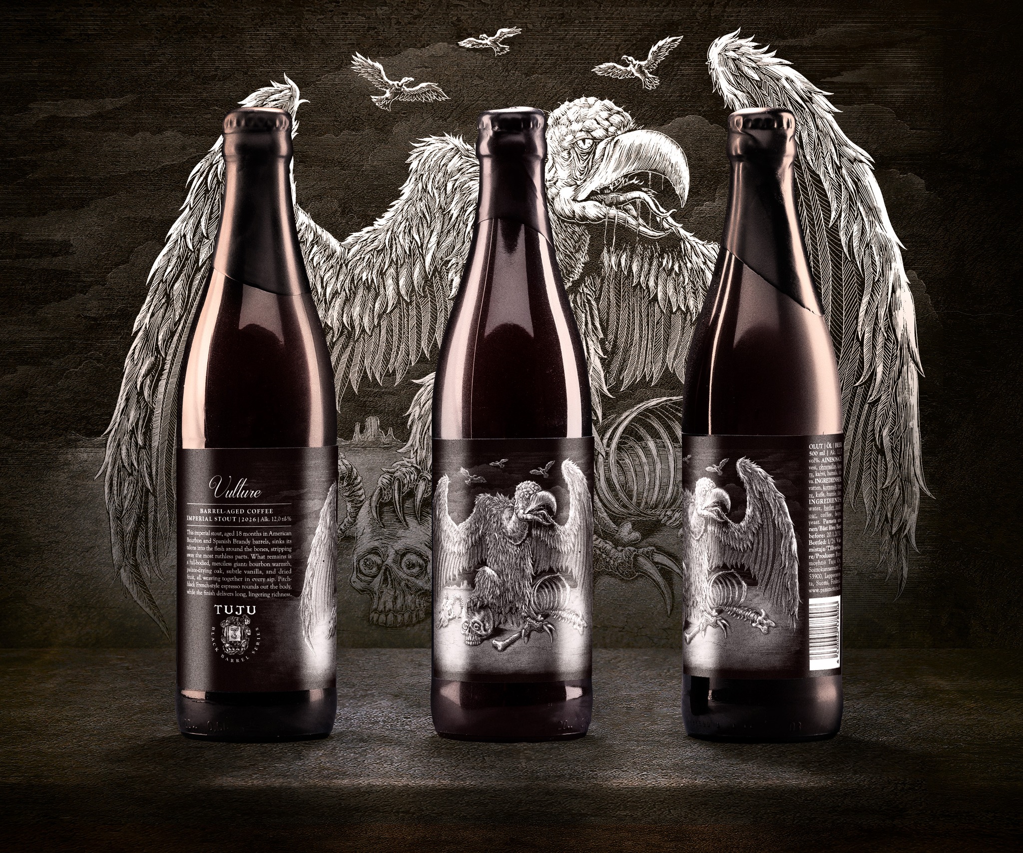 𓅐 Introducing a new addition to our Black Barrel series! 𓅐Black Barrel Series: Vulture 12,0% | Barrel-aged coffee imperial stoutVulture is a striking Black Barrel Series imperial stout, crafted from a blend of barrels of different ages. The components have been aged in bourbon and brandy barrels for 18 months before being blended. Thanks to careful blending and extended aging, Vulture sinks its talons into the flesh around the bones, stripping away the most ruthless parts.What remains is a full-bodied, merciless giant: bourbon warmth, palate-drying oak, subtle vanilla, and elegant notes of dried fruit, all intertwining in every sip. Pitch-black, intensely roasted French-style espresso rounds out the blend, perfectly suited to the series. On the palate, the beer arcs toward liqueur-like richness, while the espresso-like punch at the finish delivers intensity and lasting depth.Order yours now from out Click&Collect webstore: https://www.panimotuju.fi/tuote/vulture-120/