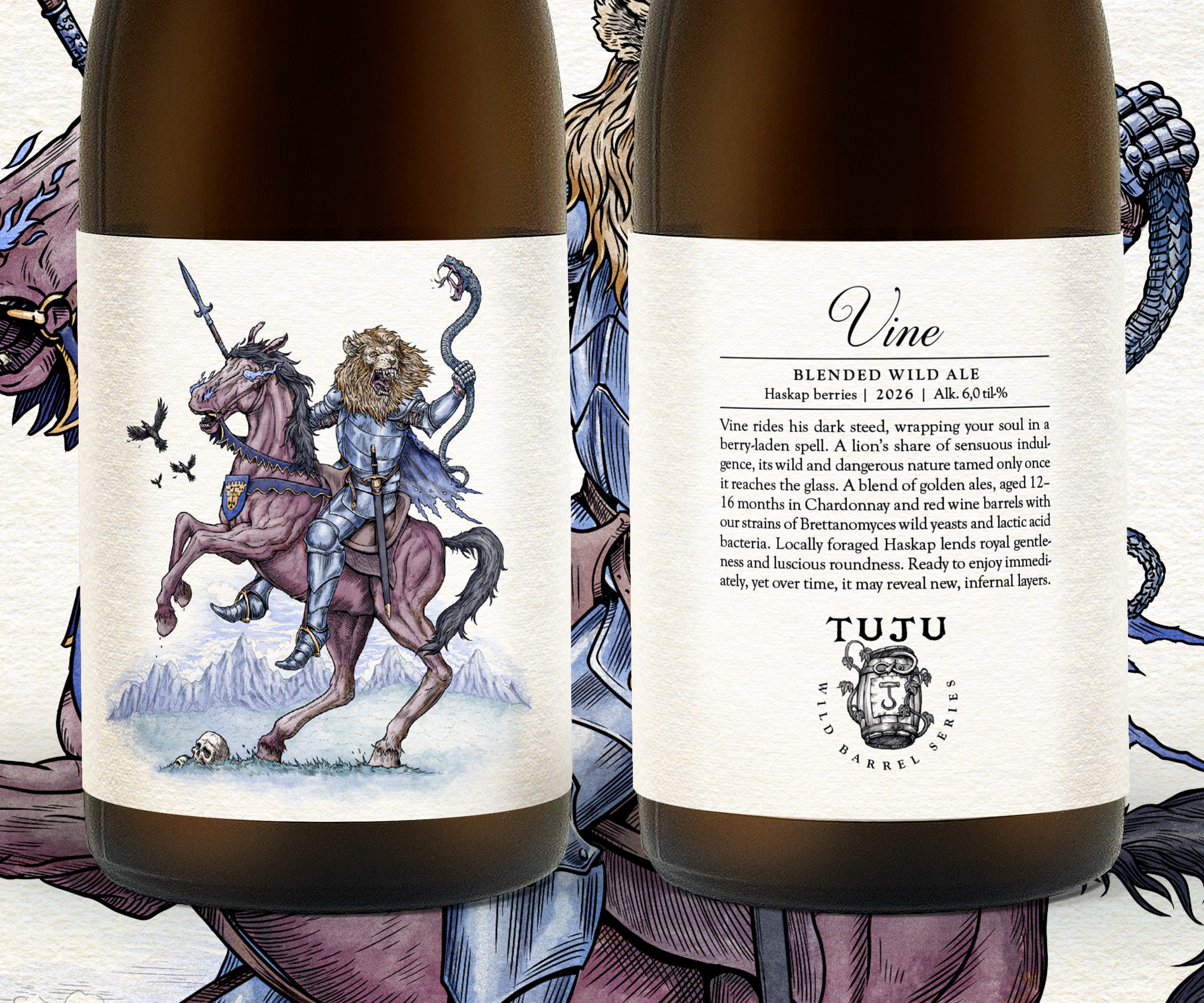 Introducing the newest member of our Wild Barrel Series.
Riding in this week with fiery hooves, a rarer release:

🫐Vine 6,0% | Blended Wild Ale | Haskap Berries🫐

Vine, the damnable 45th Duke, rides his dark steed, wrapping your soul in a berry-laden spell. A lion’s share of sensuous indulgence, its wild and dangerous nature tamed only once it reaches the glass.

This blend of golden ales has been aged for 12–16 months in Chardonnay and red wine barrels with our strains of Brettanomyces wild yeast and lactic acid bacteria. Locally foraged haskap lends royal gentleness and luscious roundness, harmonizing with tannins, subtle bitterness, and softness.

Ready to enjoy immediately, yet over time it may reveal even darker depths, unfolding new, infernal layers.

Available this week at Tuju Taproom and via our online pickup store:
https://www.panimotuju.fi/tuote/vine-60/