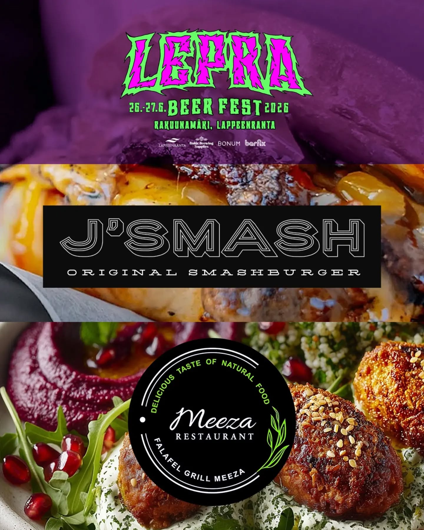 👨‍🍳Mitä sitä syötäisiin? Lepra Beer Fest 2026  ruokayhteistyökumppanit ovat tässä!👩‍🍳 Lepra Beer Fest 2026 26. - 27.6.2026!

@jsmashburger  Imatralta. Smash-burgereita valmistava imatralainen ruokakärry on ihastuttanut kotipaikkakunnallaan ja nyt hyvän börsän nimeen vannovat katukeittiötaiturit suuntaavat Lepra Beer Festeille. Filosofia on varsin yksinkertainen; keskitytään olennaiseen. Ei mitään ylimääräistä, vaan pääraaka-aine tulee maistua ja sehän maistuukin mainiolta!

@meeza_lappeenranta  tuo Lepra Beer Festeille Lähi-Idän alueen ruokakulttuuria, sillä Meeza vannoo levantilaisen keittiön nimeen. Tämä tarkoittaa Libanonin, Syyrian, Palestiinan, Jordanian ja Irakin vaikutusta lautasellasi. Raikkaat raaka-aineet, runsaat mausteet, meze-annokset ja yhteisöllinen ruokahetki. Siitä on Meeza tunnettu.

Myös Tuju Taproom on auki normaalisti koko tapahtuman ajan ja pizzanhimoiset voivat käydä syömässä siellä!