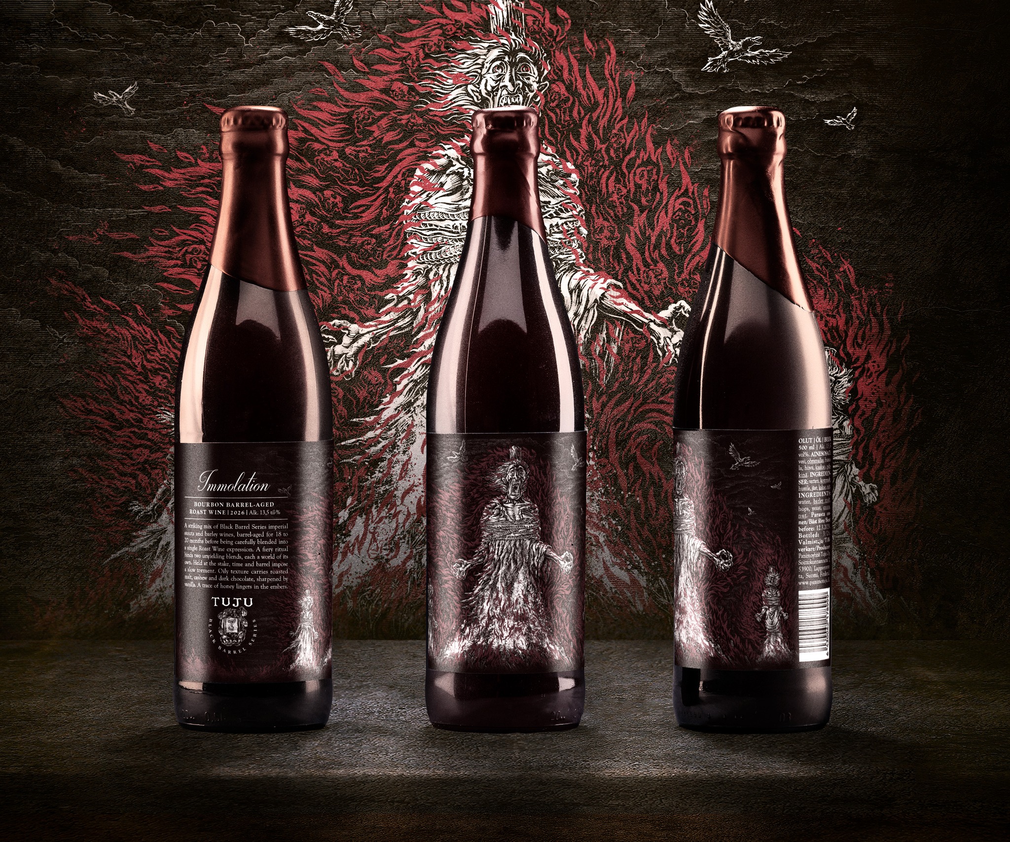 ** NEW BLACK BARREL RELEASE 🖤 | Making its debut this Friday at Lepra Beer Fest 2026 **

🔥IMMOLATION 13.5% | BOURBON BARREL-AGED ROAST WINE /w Nuts, Cashew Nuts, Cocoa🔥

Immolation is a striking mix of Black Barrel Series imperial stouts and barley wines, crafted from a blend of barrels of different ages. The components have been bourbon barrel-aged for 18 to 20 months before being carefully blended into a single Roast Wine expression.

This fiery ritual brings together two distinct, unyielding blends, each a world of its own, rarely found within the same vessel. Immolation elevates devout craftsmanship at the stake, held in place, where time and barrel impose a slow, unrelenting torment.

An oily viscosity carries the expression, while a subtle hint of vanilla from the barrels ties together roasted nuttiness and the softly creamy sweetness of cashew. Chocolate leans into the roasted malt character, reinforcing its depth and dark structure.

The robust malt backbone gradually softens into a smoother, more rounded profile. A small amount of honey lingers beneath, adding a faint trace of residual warmth within the embers without softening the overall intensity.

(Contains peanuts and cashew nuts / Sisältää maa- ja cashewpähkinää / Innehåller jordnötter och cashewnötter)