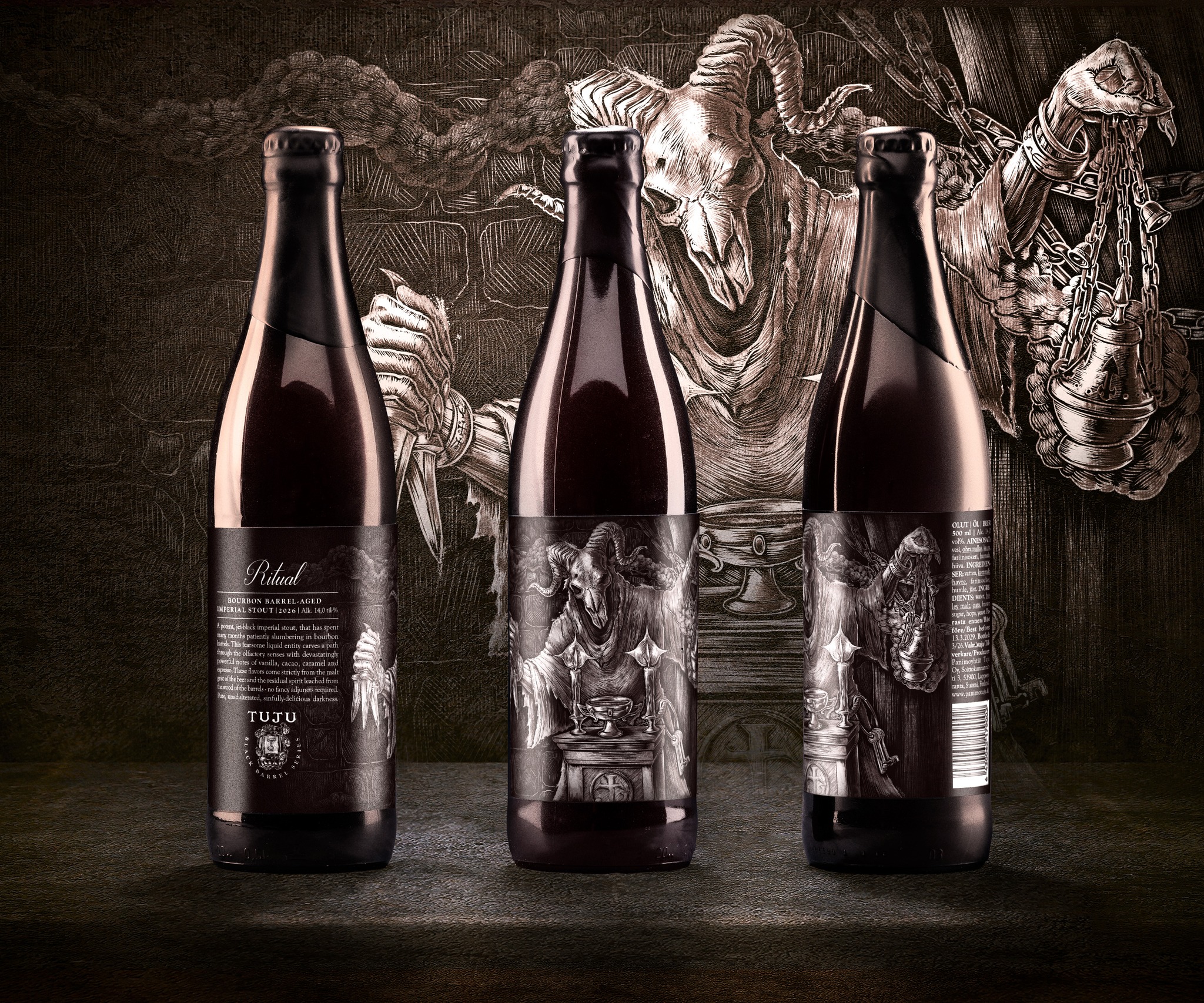 *** NEW BLACK BARREL SERIES RELEASE ****
The second Ritual is here! Behold our newest addition to the Black Barrel Series!

The Black Barrel Series stands alongside our Wild Barrel Series as a testament to our dedication to finely-aged craft beers. Before going into their hand-selected barrels, the base beers are carefully crafted with ingredients intended to support the desired natural aromatics of the final product.

🕯️BLACK BARREL SERIES: RITUAL 14,0% | BOURBON BARREL-AGED IMPERIAL STOUT🕯️

Our second ritual is a dense, obsidian-black imperial stout, aged patiently in bourbon barrels as darker forces unfold within the wood. This towering liquid presence moves through the senses with crushing notes of vanilla, cacao, burnt caramel, and espresso, drawn entirely from roasted malt and spirit-soaked oak. Only pure, unrelenting darkness shaped through barrel, time, and ritual.

The strong Ritual is too powerful to be sold for takeaway through us, so for now it’s only available at restaurants around the country.
