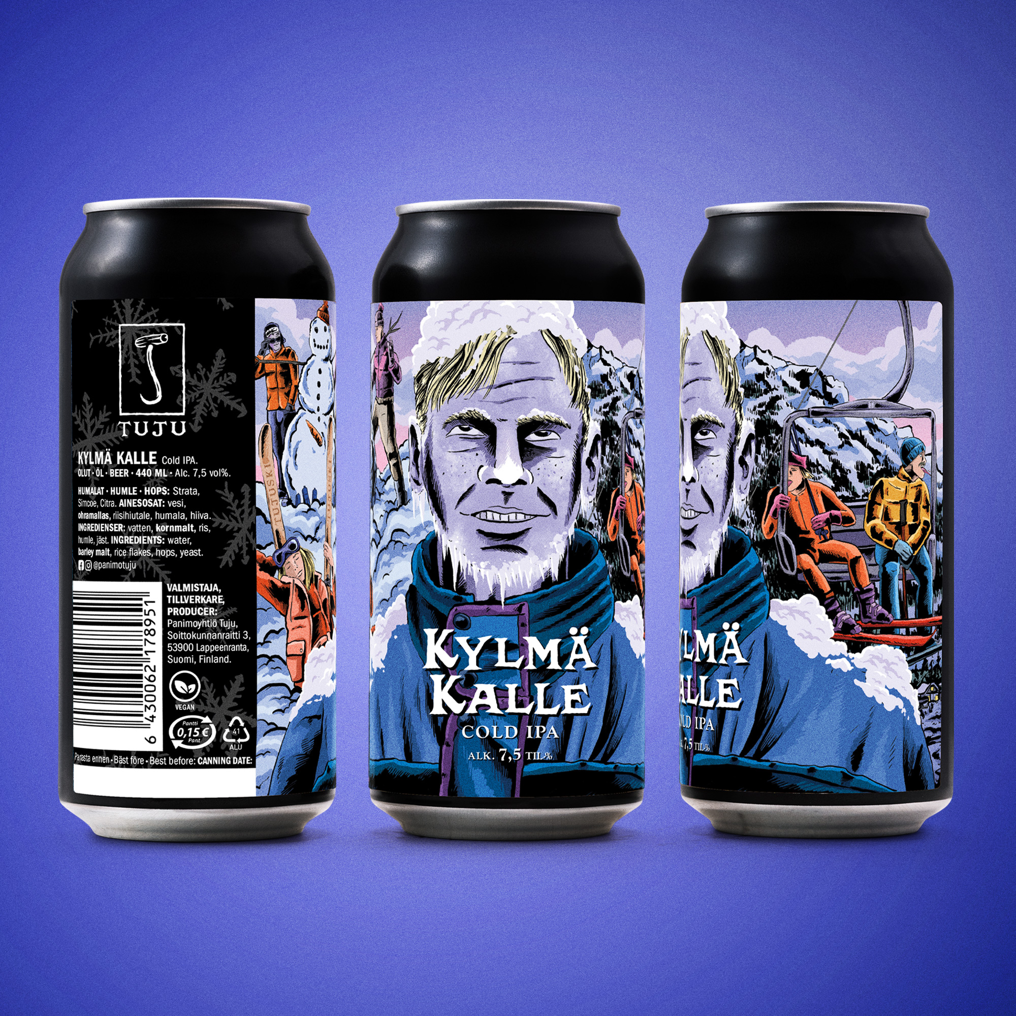 *** Uusittu Kylmä Kalle on täällä! *** 
☃️Kylmä Kalle 7,5 % | Cold IPA | Strata, Citra, Simcoe⛷️

Varo, ettei napa jäädy! Tämä ei ole mikään Pikku-Kalle, eikä liioin kioskikirjallisuutta, vaan vakavasti otettava aikuisten panimotuote. 

Nyt hiihtohissi kipuaa ylös tuoden mukanaan raikkautta: Simcoe ja Citra pitävät tunnelman greippisen ja sitruksisen kirpeänä, kun Strata-humala ujuttaa suuhun raikasta hedelmää ja hienovaraisia, marjaisia mansikan vivahteita. 

Kylmä Kalle on Cold IPA, jossa riisihiutaleet tekevät rungosta kevyen ja lagerhiiva kuivattaa oluen tyylikkäästi. Tiimellyksessä porkkananenä saattaa pudota, mutta Kylmä Kalle pysyy kylmänä!

Päivitetty purkki - sama viileä maku! Saatavilla Tujun verkkonoutokaupasta osoitteesta: https://www.panimotuju.fi/tuote/kylma-kalle-75-2026/