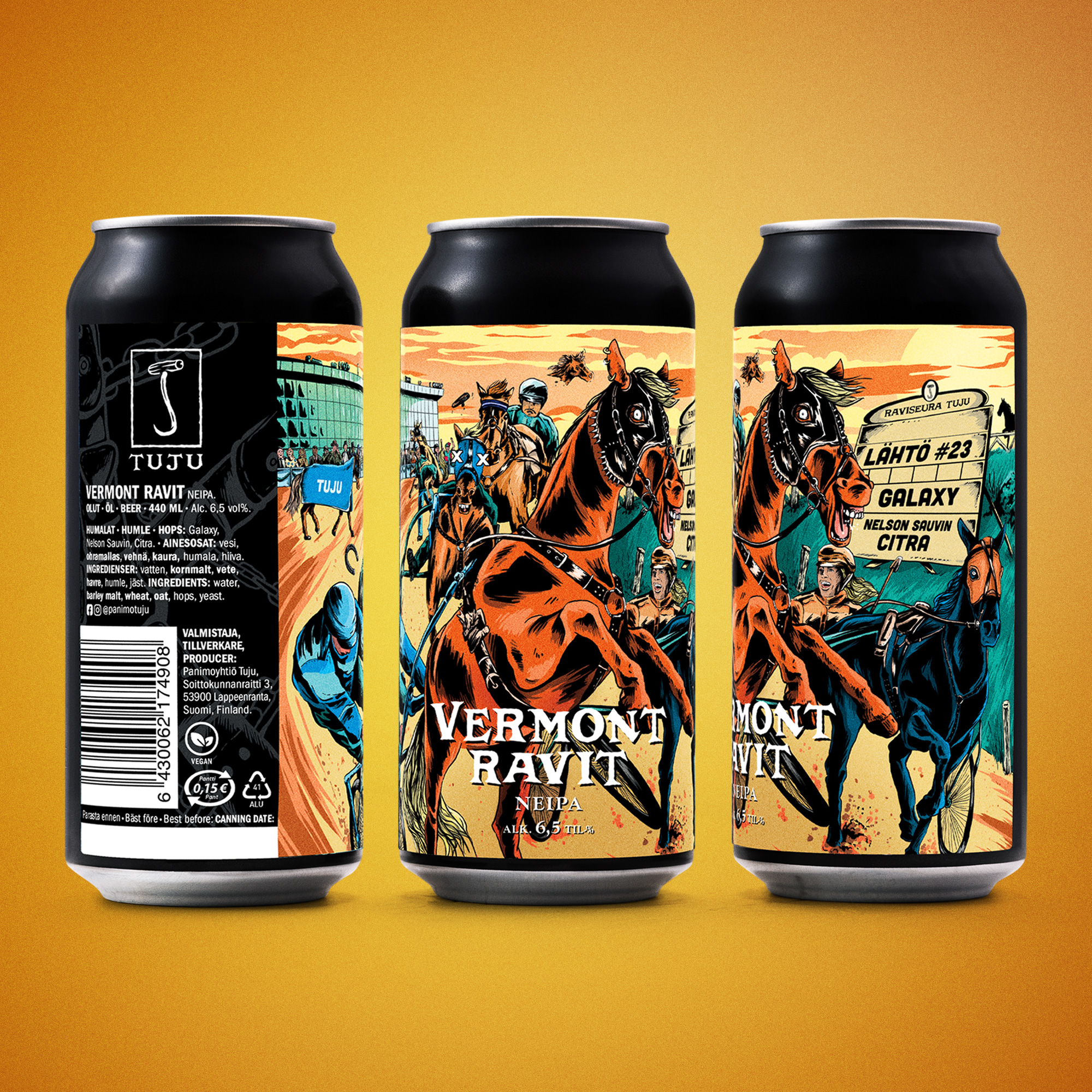 *** UUSI HANA- JA TÖLKKIJULKAISU! ***
🐎 Vermont Ravit #23 6,5% | NEIPA | Galaxy, Nelson Sauvin, Citra 🐎

Huhhels, mitä riehaa! Lähtö #23 on valmis starttaamaan, eikä tunnelma varikolla voisi olla kuumempi. Tämän illan koitos tarjoaa vauhtia, yllätyksiä ja loppusuoran draamaa, jota makustellaan vielä pitkään maalilinjan jälkeen.

Lähtöauton siivet taittuvat ja ensimmäisenä vauhtiin syöksyy Galaxy. Se nostattaa radalle trooppisen pölypilven täynnä persikkaa, passionhedelmää ja aurinkoisten hedelmätarhojen tunnelmaa. Hetken näyttää siltä, että karkumatka on valmis ja muut saavat tyytyä seuraamaan perävaloja.

Mutta takasuoralla Nelson Sauvin löytää lisää kierroksia. Se hakeutuu rinnalle ja alkaa haastaa johtajaa omalla tyylillään. Karviaisen, valkoisten rypäleiden ja raikkaan hedelmäisyyden siivittämänä kaksikko irtoaa muusta joukosta.

Viimeiseen kaarteeseen tullessa rinnalle painaa vanha jenkkikaakki Citra. Moni luuli sen parhaiden lähtöjen jääneen jo vuosien taakse, mutta kokenut konkari tietää täsmälleen missä kohtaa iskeä. Greippiä ja tuttua sitruksista voimaa löytyy vielä enemmän kuin tarpeeksi. Katsomo karjuu, kun vanha mestari nousee takaisin voittotaistoon.

Loppusuoralla kolme täysiveristä painaa rinta rinnan kohti maalipaalua. Kaviot hakkaavat savea, selostaja menettää ääntään ja maalikameralle riittää töitä!

Tuoreet purkit Tujun verkkonoutokaupasta osoitteesta https://www.panimotuju.fi/tuote/vermont-ravit-23-65/