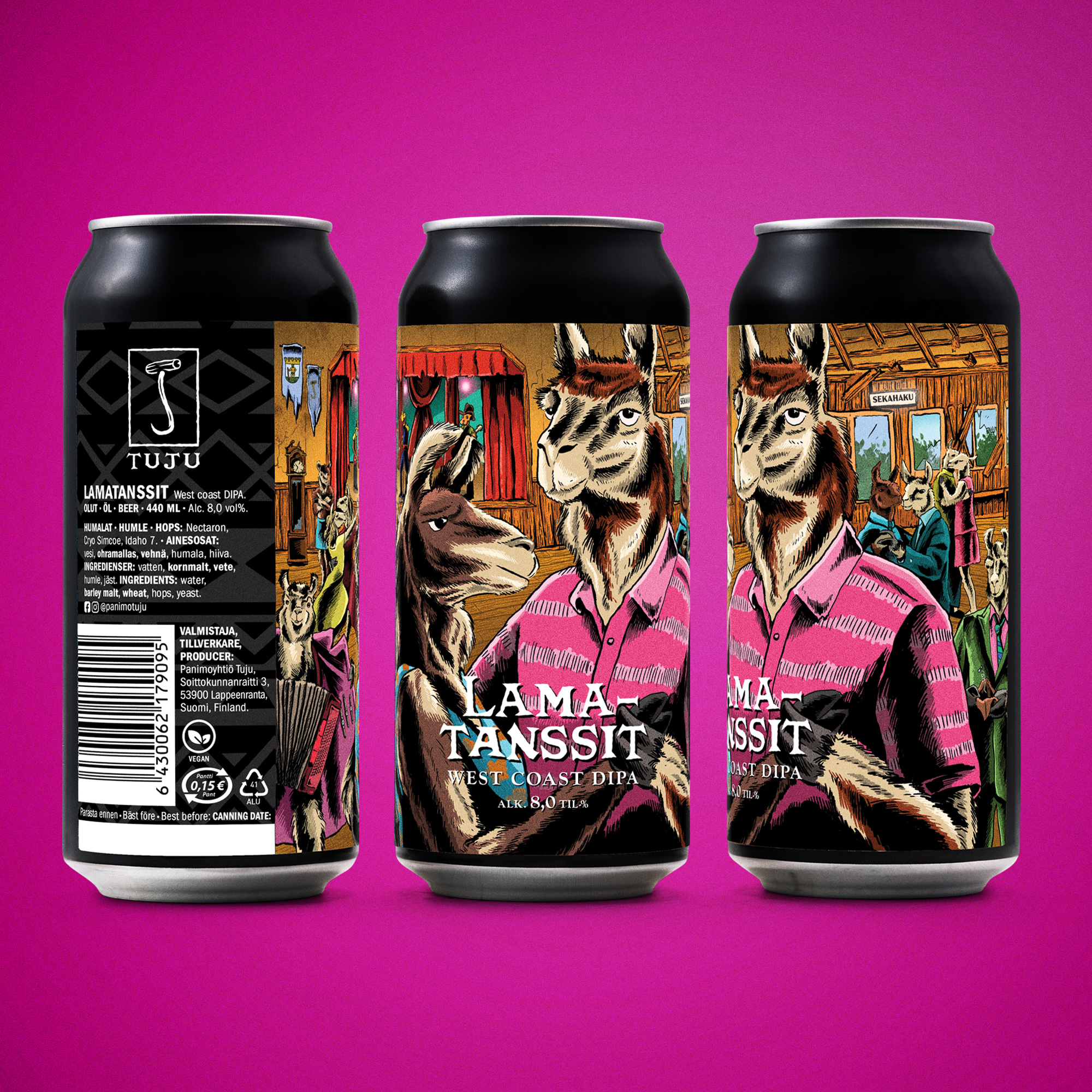*** TÖLKKI- JA HANAUUTUUS! ***
🦙Lamatanssit 8,0% |  West Coast DIPA | Nectaron, Cryo Simcoe, Idaho 7🦙

On tullut aika julkistaa arvailtu uutuus!

Vaikka ajat olisivat tiukat, tanssit eivät lopu. Naistenhaun ja miestenhaun jälkeen koittaa illan odotetuin ohjelmanumero -  laamanhaku. Musiikki soi, parketti narisee ja laamat näyttävät, ettei hyvään tunnelmaan tarvita nousukautta. Tanssi onnistuu vaikka nelinkontin.

Mutta ei tämä mikään pula-ajan tupla ole, vaan nestemäinen elvytyspaketti. Monenkirjavan rungon uumenista löytyy reilusti humaloitu West Coast DIPA, jossa sitruksiset, trooppiset ja pihkaiset aromit kohtaavat napakan karvaisen katkeruuden. Lamatanssit ovat niin mainiot pidot, ettei tulisi mieleenkään sylkeä lasiin.

Saatavilla kaupoista ja ravintoloista kautta maan, sekä tietty Tuju Taproomista ja osoitteesta: https://www.panimotuju.fi/tuote/lamatanssit-80/
