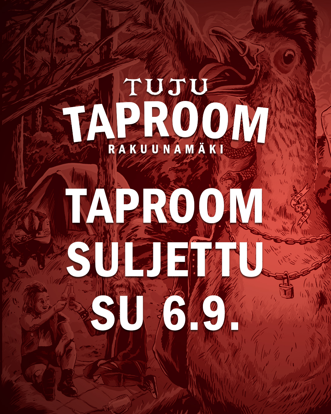 🍕🍺 Taproom on suljettu huomenna sunnuntaina 6.9.!

Rankka työ vaatii rankat huvit – ja meidän uskomaton henkilökuntamme viettääkin huomenna ansaittua virkistyspäivää. 💛

Eli turha tulla koputtelemaan ovea tai haaveilemaan pizzasta ja kylmästä huurteisesta – tällä kertaa nautimme ne ihan itse! 😎

Palvelemme taas normaalien aukioloaikojen mukaisesti heti sunnuntain jälkeen.

👉 Ajantasaisen hanalistan ja pullopuodin valikoiman löydät osoitteesta www.panimotuju.fi
