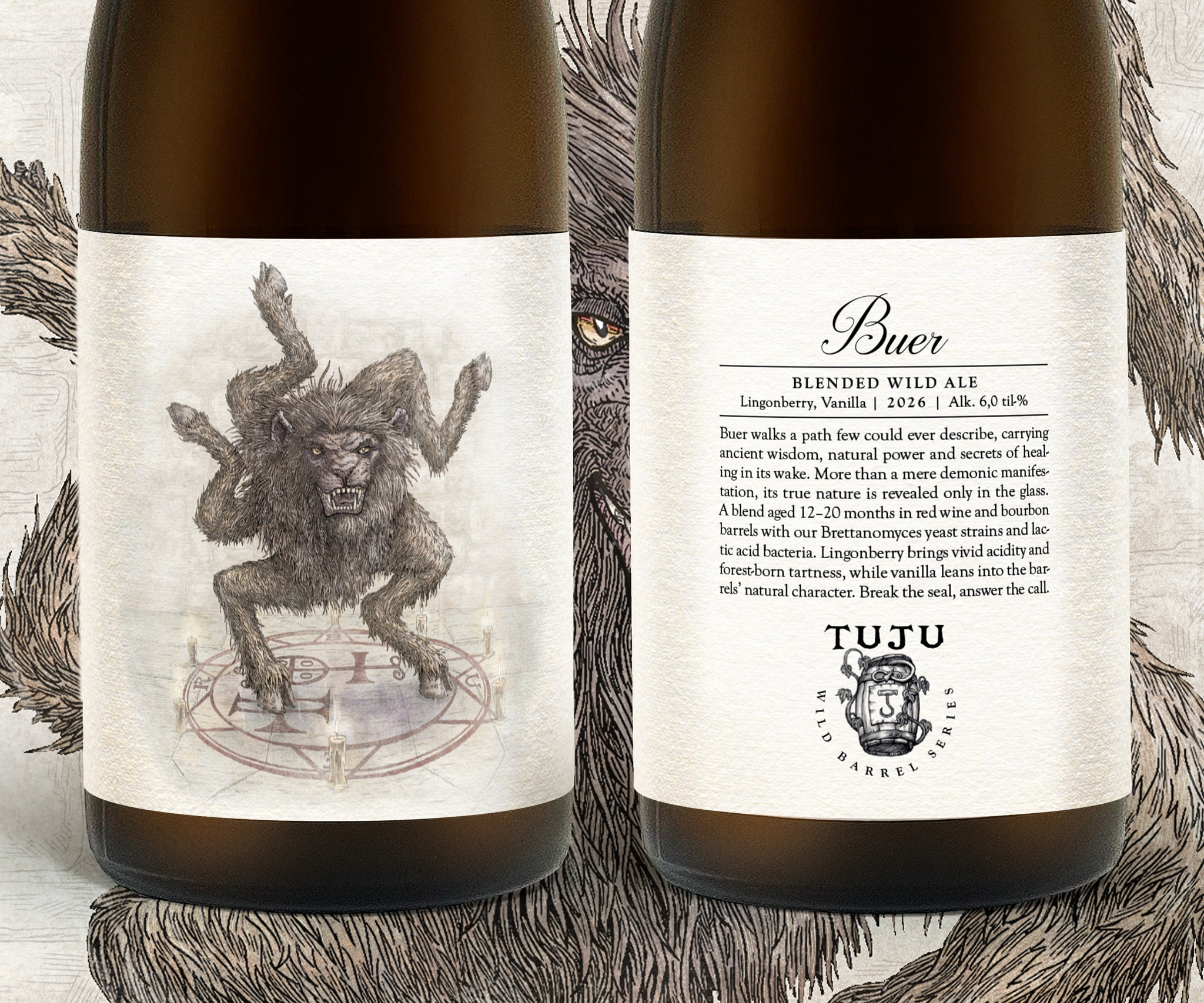 ***RELEASE DATE:  8.10.2026***

BUER 6.0% | 2026 | BLENDED WILD ALE | LINGONBERRY, VANILLA

A new presence emerges from the Wild Barrel Series, carrying ancient wisdom, natural power and secrets of healing in its wake. Connected to healing and moral philosophy, Buer is more than a mere demonic manifestation.

Buer walks a path few could ever describe. Its character takes shape through 12–20 months of aging in red wine and bourbon barrels with our strains of Brettanomyces wild yeasts and lactic acid bacteria. Lingonberry brings vivid acidity, forest-born tartness and a deep ruby hue, while vanilla leans into the barrels’ natural character, adding a touch of velvety softness.

Revealed among the stars, Buer is ready to enjoy now. With proper cellaring, it will slowly break the seal of obedience, revealing new layers over time. 
Answer the call.

Order now from our click & collect shop: https://www.panimotuju.fi/kauppa/
------
***SAATAVILLA 8.10.2026 LÄHTIEN!***

Uusi Wild Barrel Series -julkaisu!

BUER 6,0% | BLENDED WILD ALE | LINGONBERRY, VANILLA | 2026

Uusin Wild Barrel Series -julkaisu sisältää johtotason tietämystä, sillä se kietoutuu ikiaikaiseen viisauteen ja luonnon voimaan. Parantamiseen ja moraalifilosofiaan kytkeytyvä Buer on paljon muutakin kuin pelkkä demoninen ilmentymä.

Buer kulkee omaa polkuaan tavalla, jota on vaikea kuvailla. Sen olemus on saanut muotonsa 12–20 kuukauden kypsytyksessä punaviini- ja bourbon-tynnyreissä yhdessä panimomme erilaisten Brettanomyces-villihiivakantojen ja maitohappobakteerien kanssa.

Buerin pohjattomasta tietämyksestä ammennettu puolukka herättää olueen eloisaa hapokkuutta, metsän kirpeää marjaisuutta ja rubiininpunaisen sävyn. Vanilja puolestaan nojautuu tynnyrien luontaisiin aromeihin, tuoden happamuuden rinnalle ripauksen samettista pehmeyttä.

Tähtikuvioista paljastuva Buer on nautittavissa heti, mutta oikein varastoituna se avaa vähitellen kuuliaisuuden sinetin. Kanna sitä kutsuessasi hänet näkyviin.

Tilaa verkkonoutokaupastamme: https://www.panimotuju.fi/kauppa/
