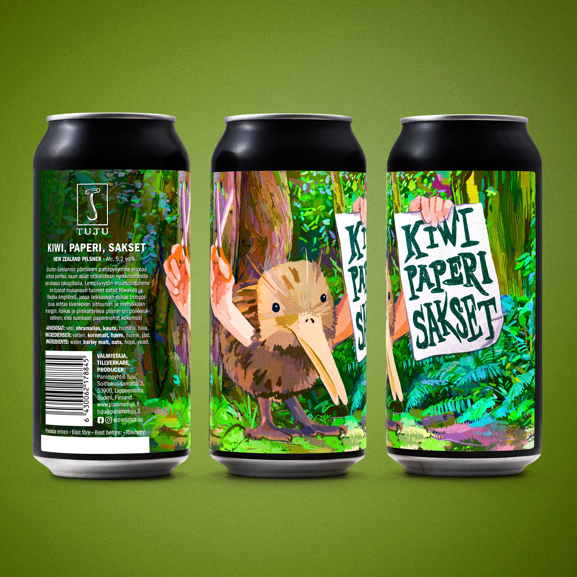 *** PURKKI- JA HANAJULKAISU!***
🥝Kiwi, Paperi, Sakset 5,2% | Gluten-Free | New Zealand Pilsner | Riwaka, Riwaka Amplifire🥝✋✌️

Uusittu Kiwi, Paperi, Sakset on nyt gluteeniton, joten se sopii monelle masulle. Ja hitto, lisäksi se on pantillinenkin vielä! 

Nyt kun saatiin tämäkin selväksi, niin kysytäänpä siis suoraan; oletko sinä valmis peliin? Uuden-Seelannin pörröinen pahapyllymme ei nimittäin osaa antaa periksi, vaan asiat ratkaistaan nyrkkihommilla porukassa takapihalla. ✊

Lentokyvytön muuttolintumme on tuonut mukanaan tuoreet satsit Riwakaa ja Riwaka Amplifireä, jossa leikkaavan raikas trooppisuus kohtaa kivenkovan sitruunan ja mehukkaan mangon. Raikas ja pirskahteleva pilsner on poikkeuksellinen, eikä suinkaan paperinohut kokemus! 

Kiwi, Paperi, Sakset on keitto, jossa Uuden-Seelannin matkaajat kohtaavat karjalaisen vieraanvaraisuuden.

Saatavilla pian ravintoloista ja kaupoista kautta maan, mutta toki myös Tujun omasta verkkonoutokaupasta osoitteesta https://www.panimotuju.fi/tuote/kiwi-paperi-sakset-52/