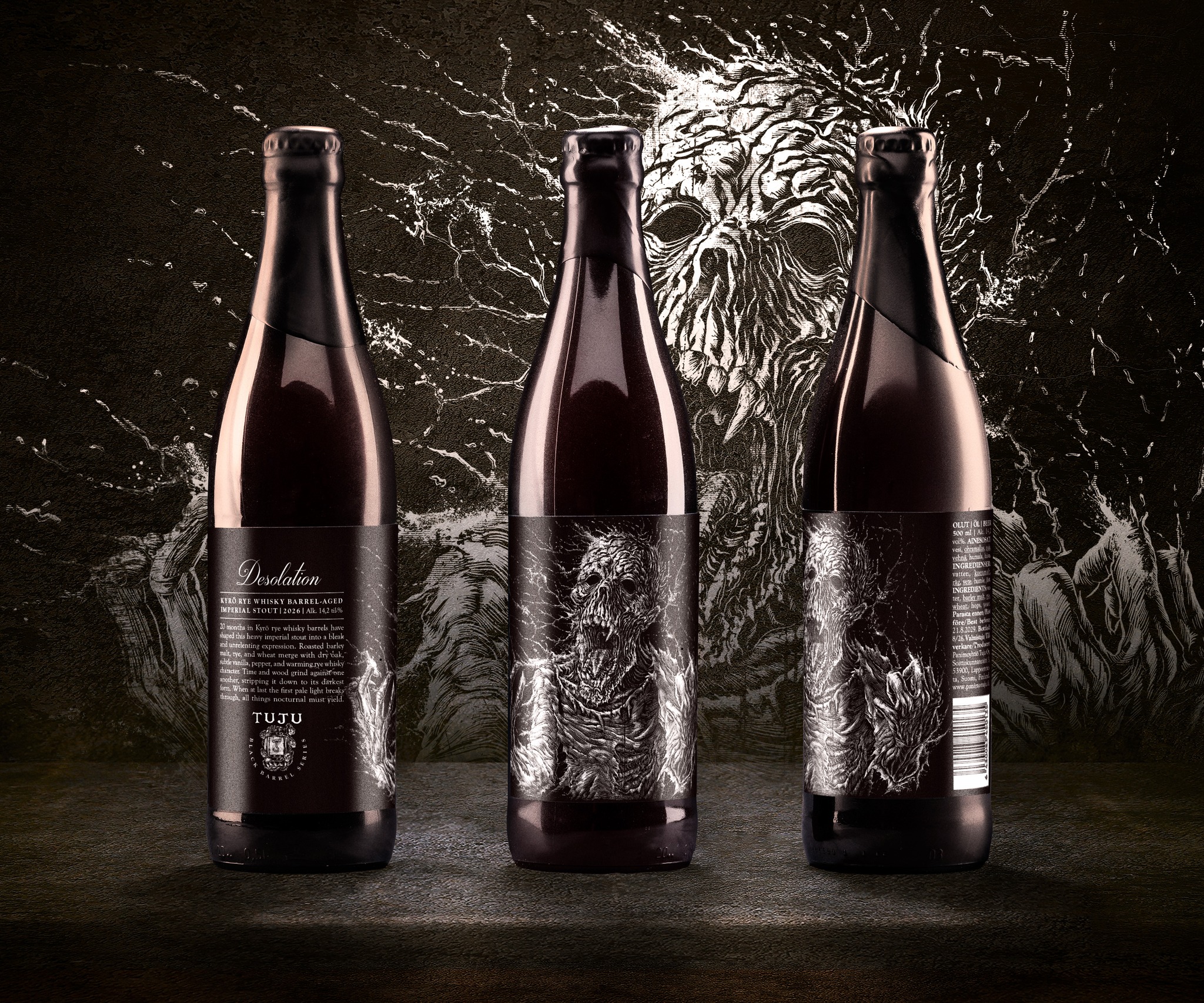 *** NEW BLACK BARREL SERIES RELEASE ***

Behold our newest addition to the BLACK BARREL SERIES!
The Black Barrel Series stands alongside our Wild Barrel Series as a testament to our dedication to finely-aged craft beers.

◼️BLACK BARREL SERIES: DESOLATION 14.2% | KYRÖ RYE WHISKY BARREL-AGED IMPERIAL STOUT◼️

Desolation is a bold and full-bodied imperial stout, aged for 20 months in Kyrö Distillery rye whisky barrels. Roasted barley malt, rye, and wheat merge with the character of rye whisky barrels, creating a heavy and unrelenting expression shaped by time, wood, and strong ale.

Twenty months away from the sun, deep inside the barrel, where time has been left to do its work. The Kyrö rye whisky barrels bring dry oak, subtle vanilla, peppery notes, and a warming character, while the long aging strips the expression down to its darkest form.

When at last the first pale light breaks through, all things nocturnal must yield.

Unfortunately, the strong Desolation is way too strong to be sold for takeaway through us, so for now it’s only available at restaurants around the country.